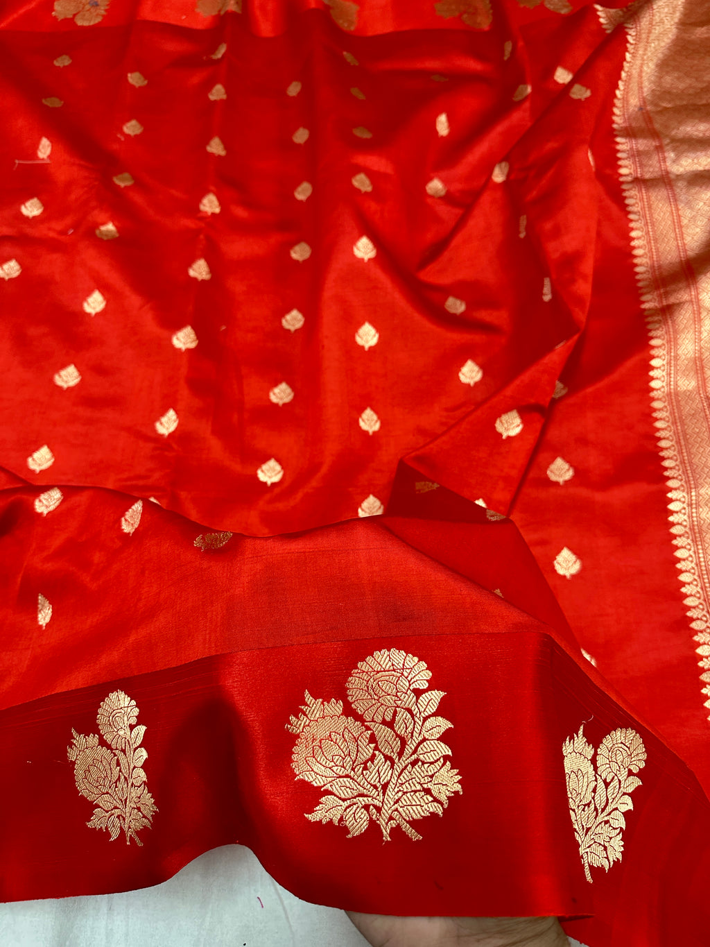 Pure Raw Mango Silk Banarasi Handloom Saree | Kadhwa Weave | Red Gold Zari Floral Booti