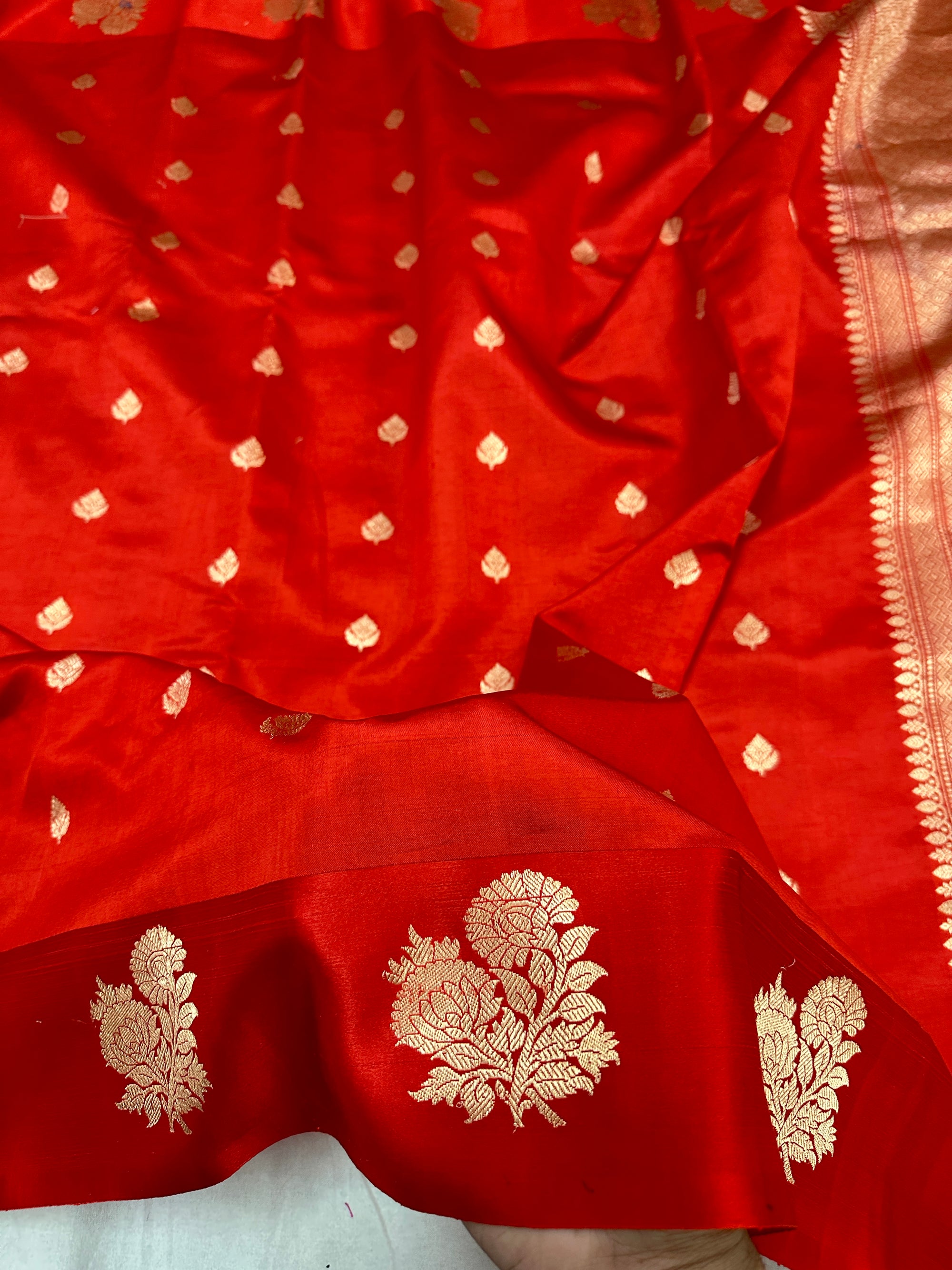 Pure Raw Mango Silk Banarasi Handloom Saree | Kadhwa Weave | Red Gold Zari Floral Booti