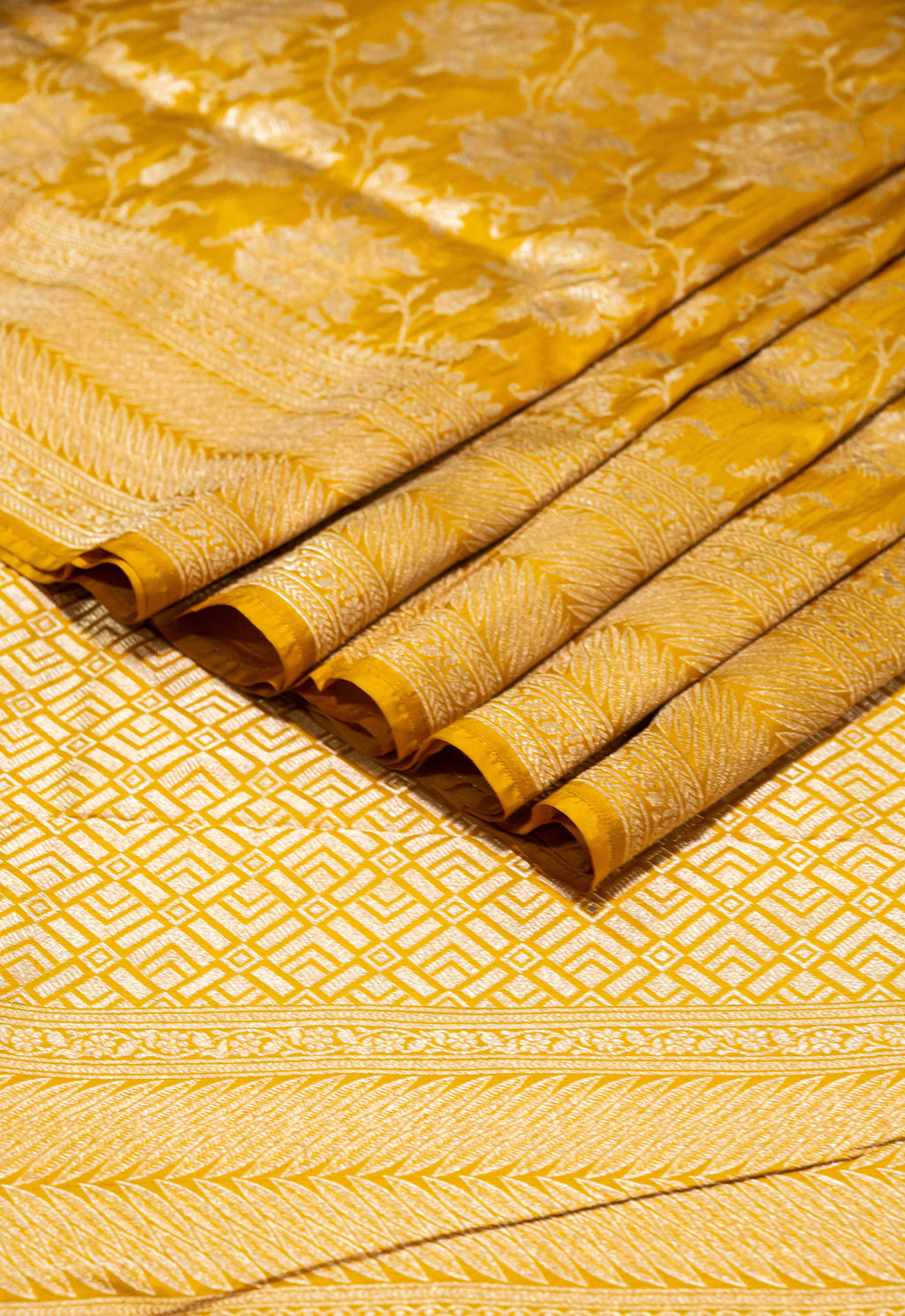 Pure Katan Silk Banarasi Handwoven Saree | Golden Yellow with Self-Tone Gold Zari Jaal | Uppada Weave | Bridal Festive Saree