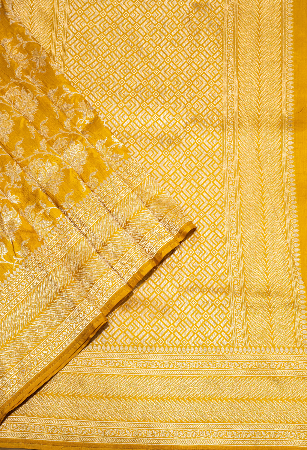 Pure Katan Silk Banarasi Handwoven Saree | Golden Yellow with Self-Tone Gold Zari Jaal | Uppada Weave | Bridal Festive Saree
