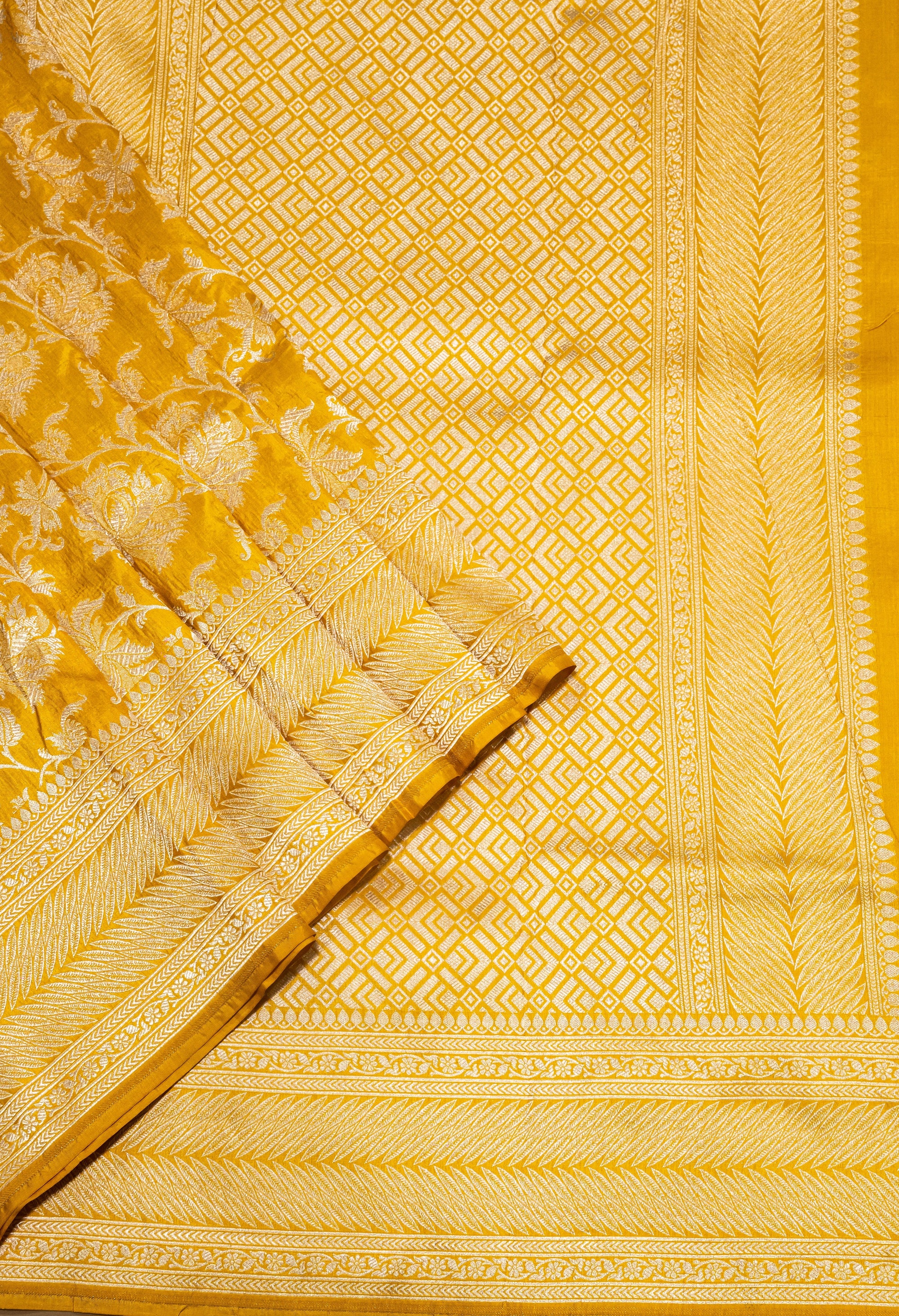 Pure Katan Silk Banarasi Handwoven Saree | Golden Yellow with Self-Tone Gold Zari Jaal | Uppada Weave | Bridal Festive Saree