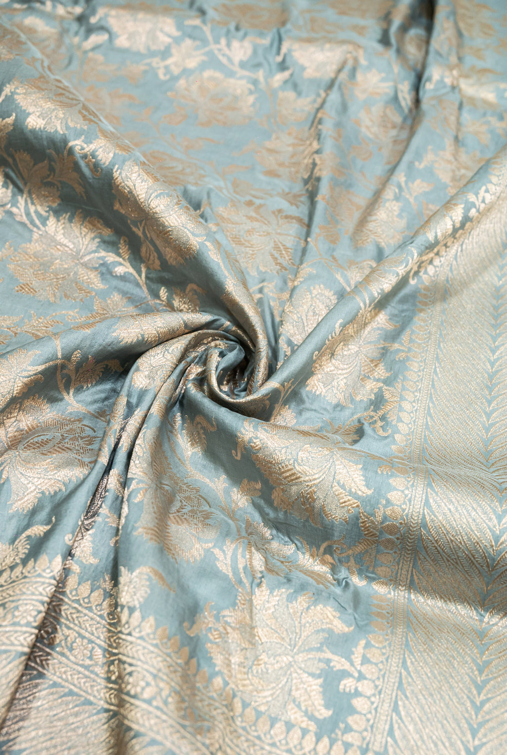 Pure Katan Silk Banarasi Handwoven Saree | Powder Blue with Gold Zari Jaal | Uppada Weave | Bridal Wedding Saree
