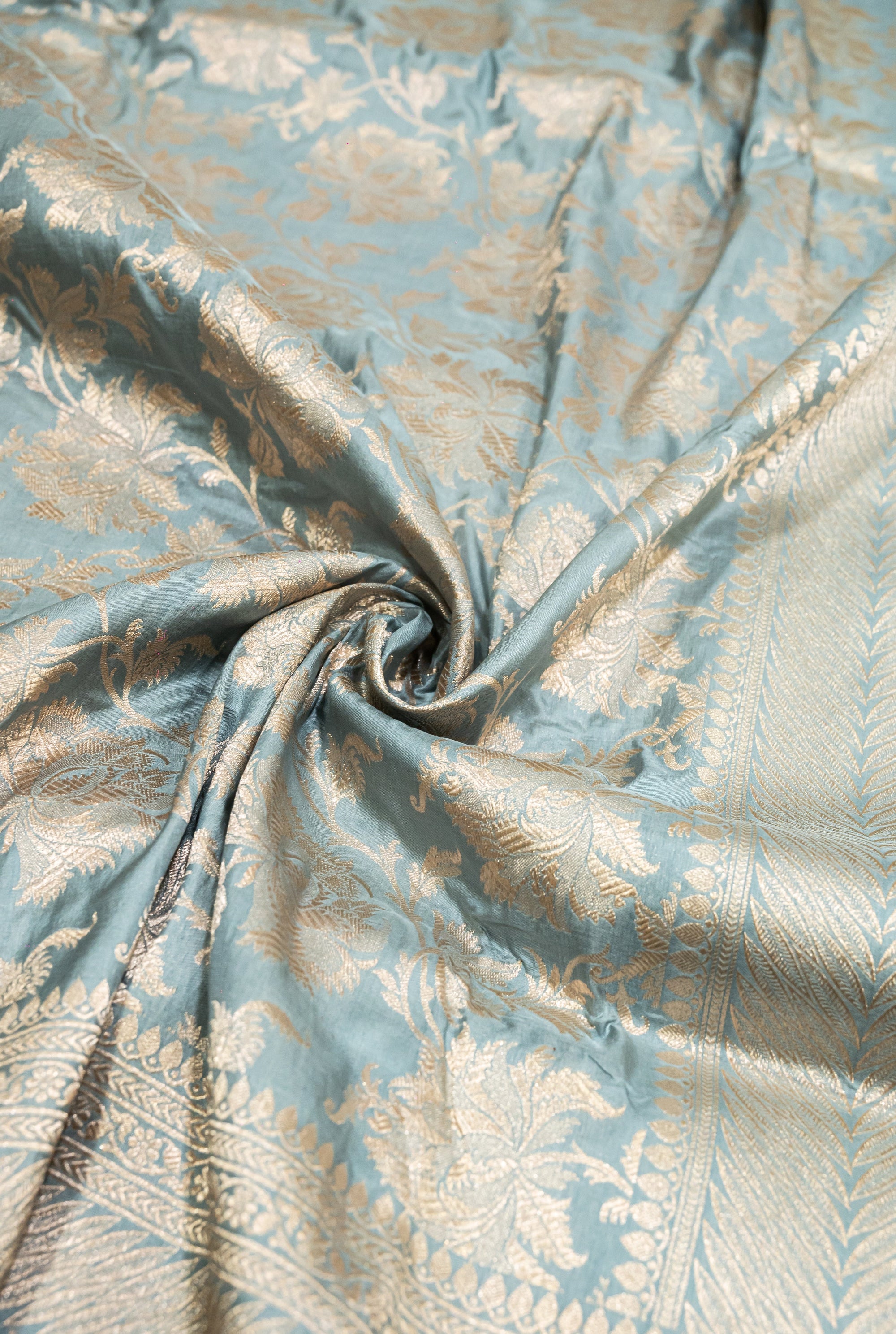 Pure Katan Silk Banarasi Handwoven Saree | Powder Blue with Gold Zari Jaal | Uppada Weave | Bridal Wedding Saree