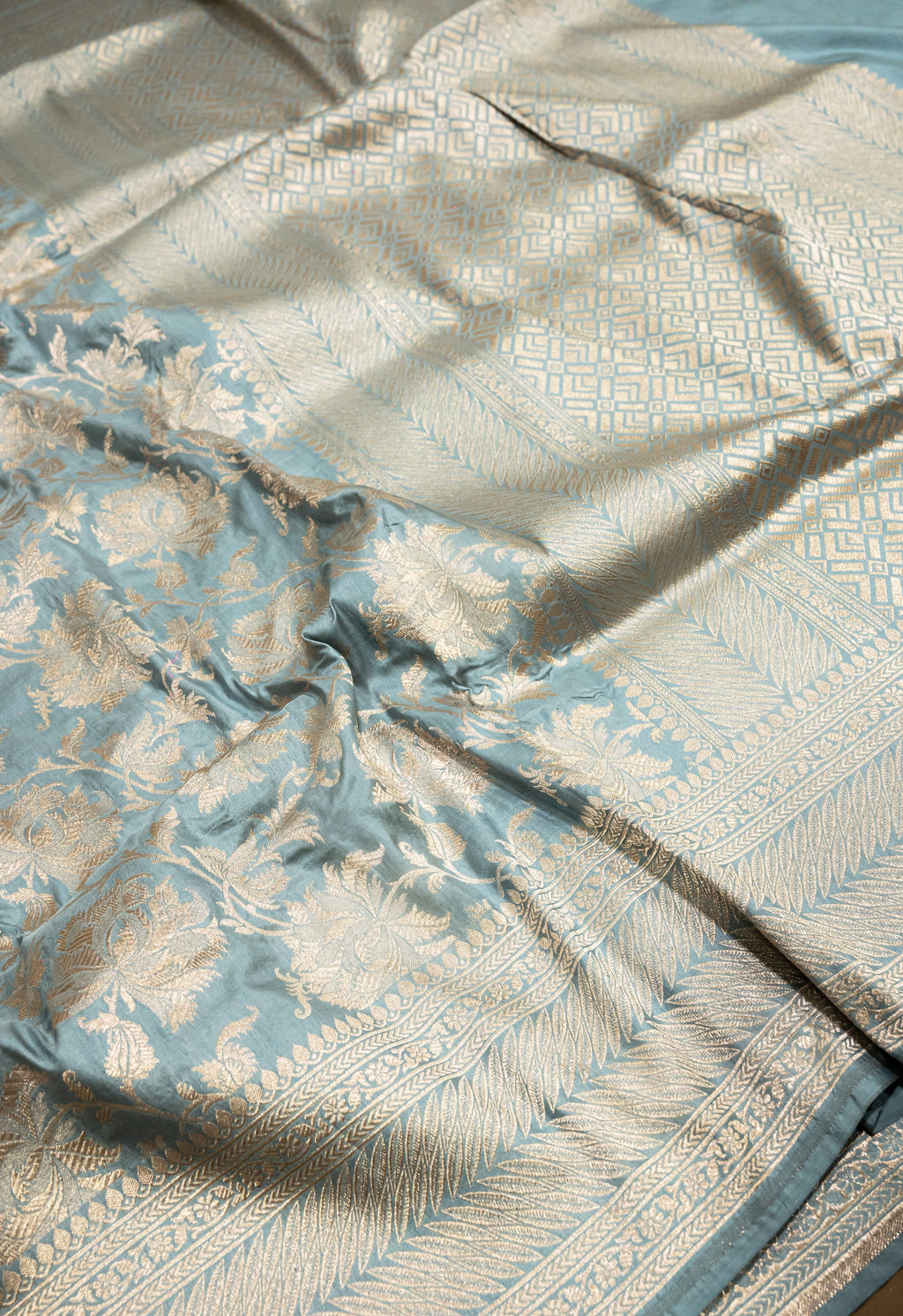 Pure Katan Silk Banarasi Handwoven Saree | Powder Blue with Gold Zari Jaal | Uppada Weave | Bridal Wedding Saree