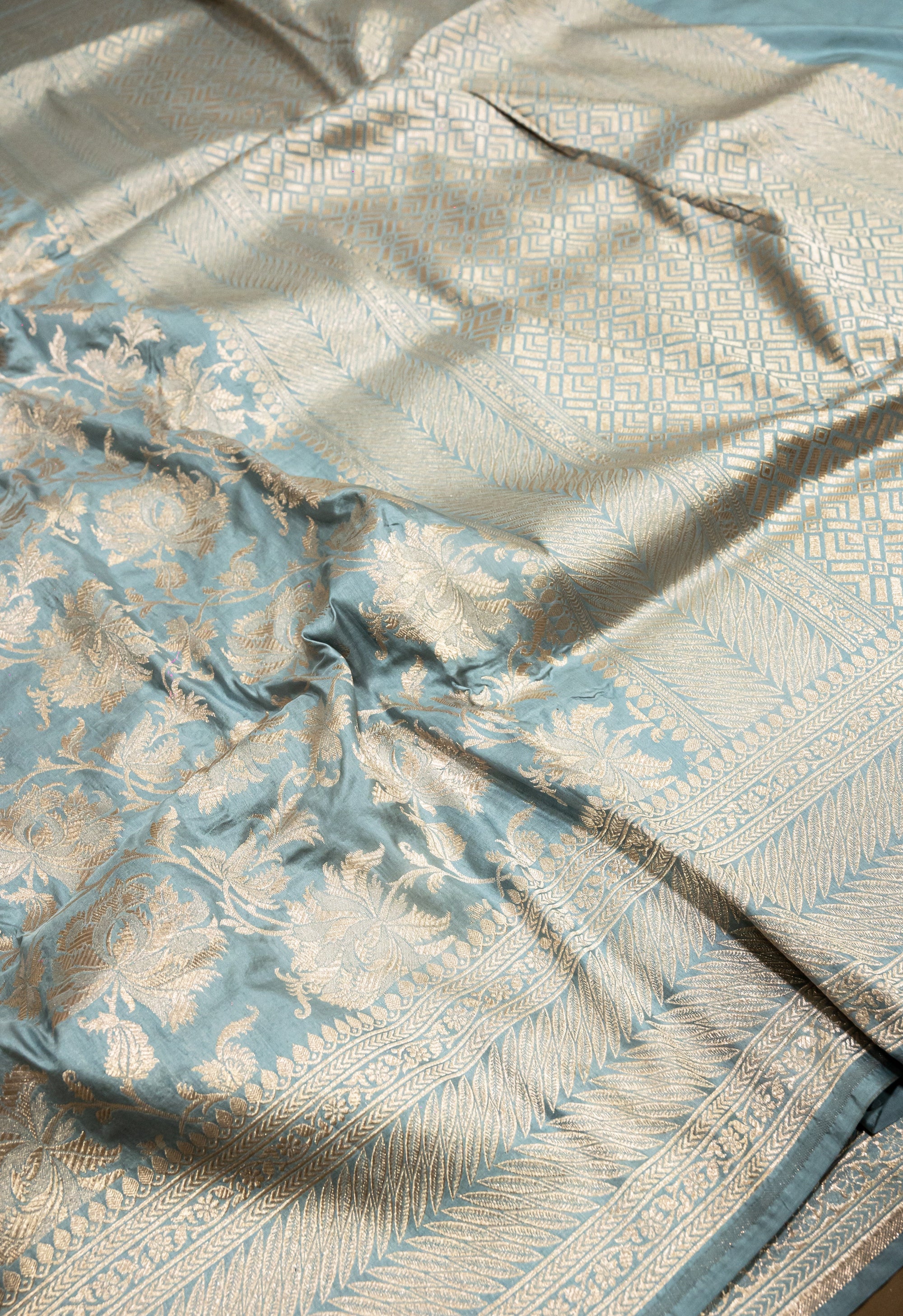 Pure Katan Silk Banarasi Handwoven Saree | Powder Blue with Gold Zari Jaal | Uppada Weave | Bridal Wedding Saree