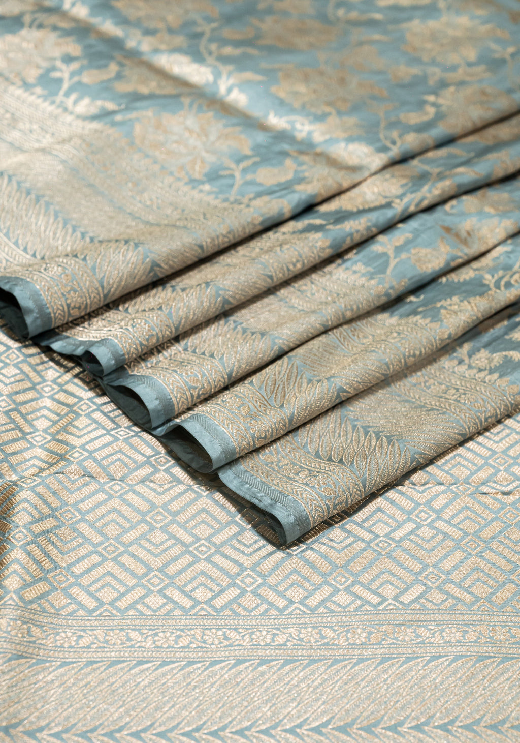 Pure Katan Silk Banarasi Handwoven Saree | Powder Blue with Gold Zari Jaal | Uppada Weave | Bridal Wedding Saree