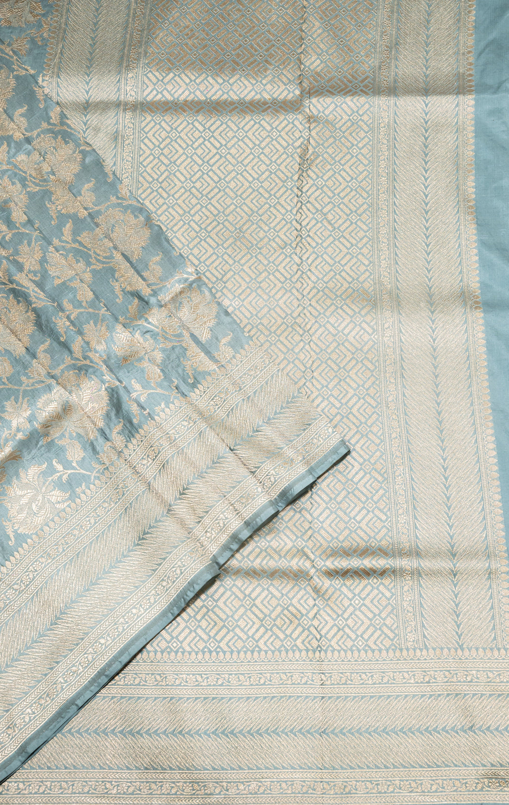 Pure Katan Silk Banarasi Handwoven Saree | Powder Blue with Gold Zari Jaal | Uppada Weave | Bridal Wedding Saree