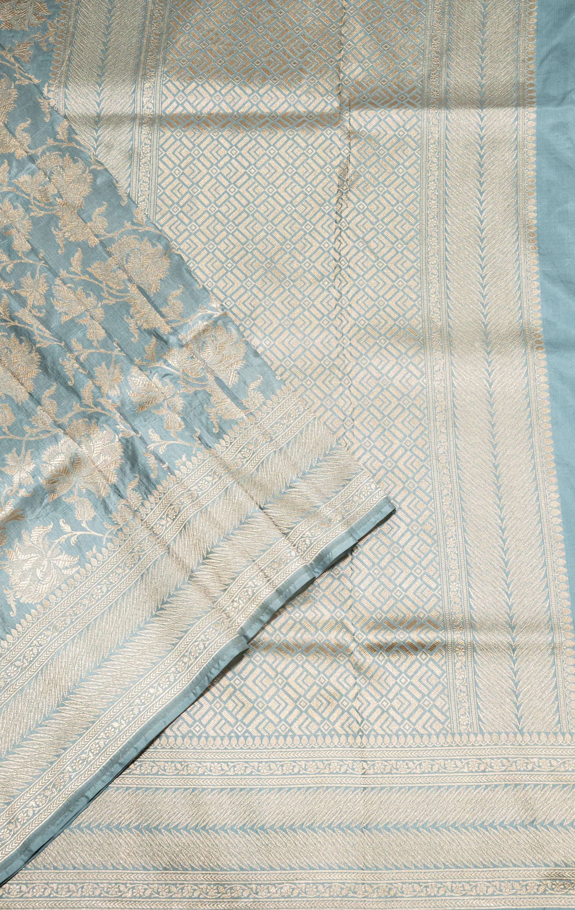 Pure Katan Silk Banarasi Handwoven Saree | Powder Blue with Gold Zari Jaal | Uppada Weave | Bridal Wedding Saree