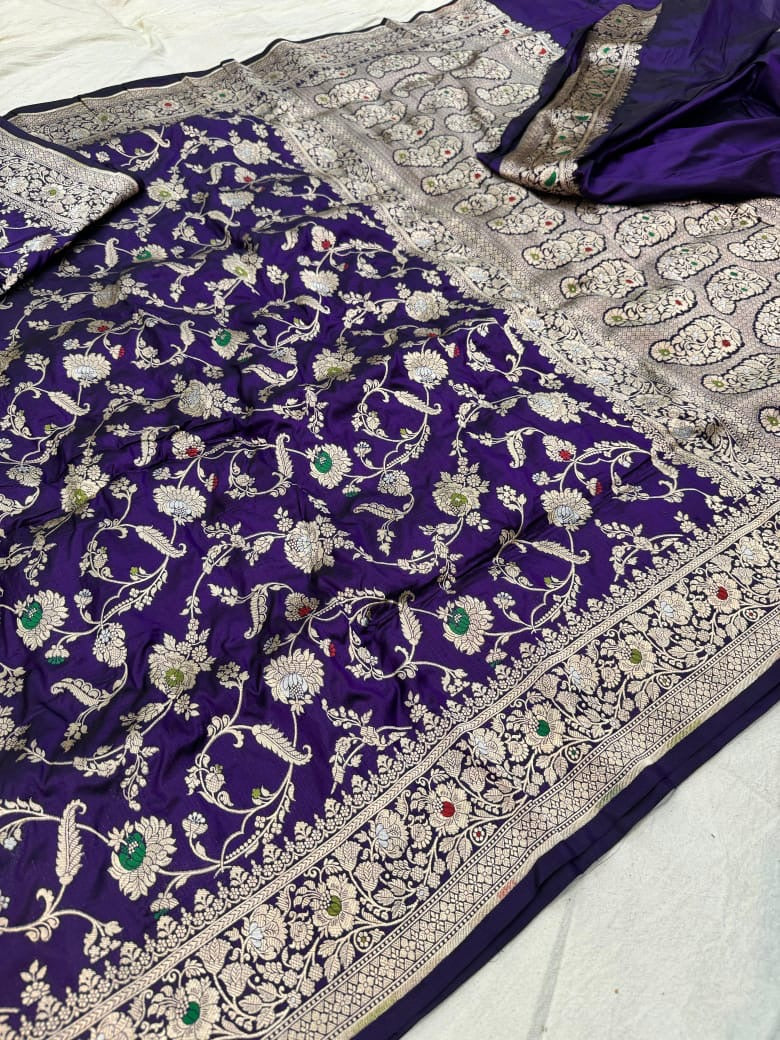 Pure Katan Silk Tilfi Minakari Banarasi Saree – Big Buta Motifs & Heavy Pallu