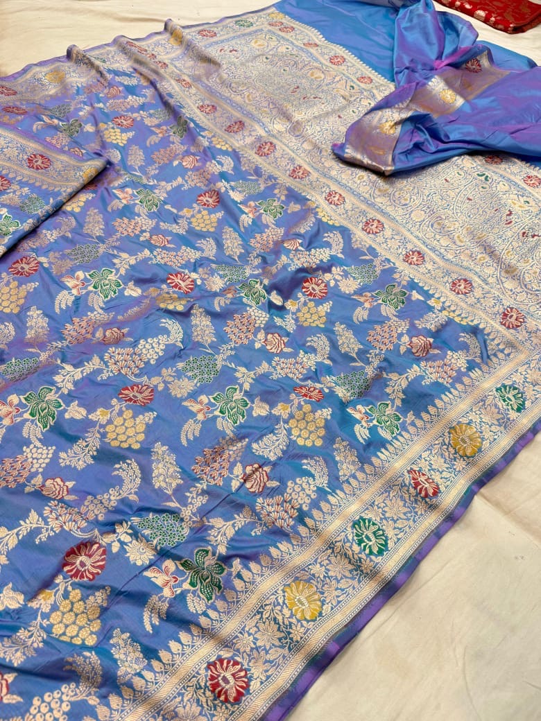 Pure Katan Silk Tilfi Minakari Banarasi Saree – Big Buta Motifs & Heavy Pallu