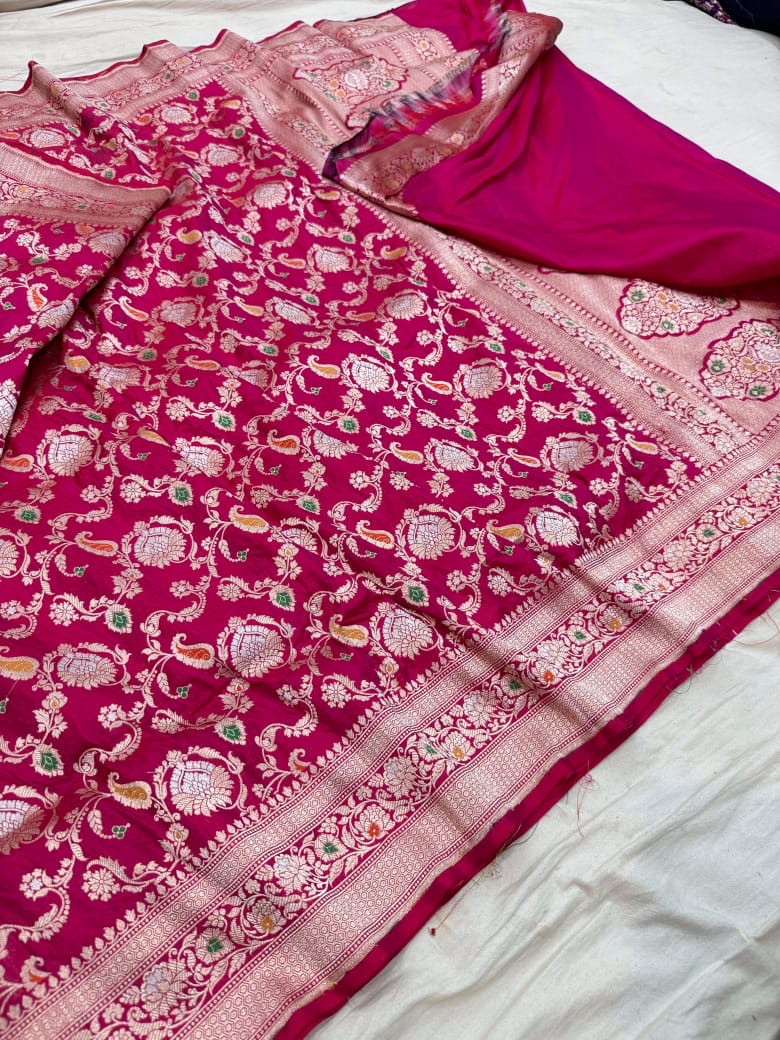 Pure Katan Silk Tilfi Minakari Banarasi Saree – Big Buta Motifs & Heavy Pallu