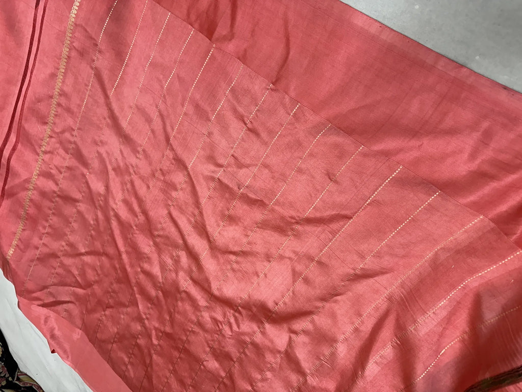 Pure Raw Mango Silk Banarasi Handloom Saree | Kadhwa Weave | Coral Pink Zari Booti