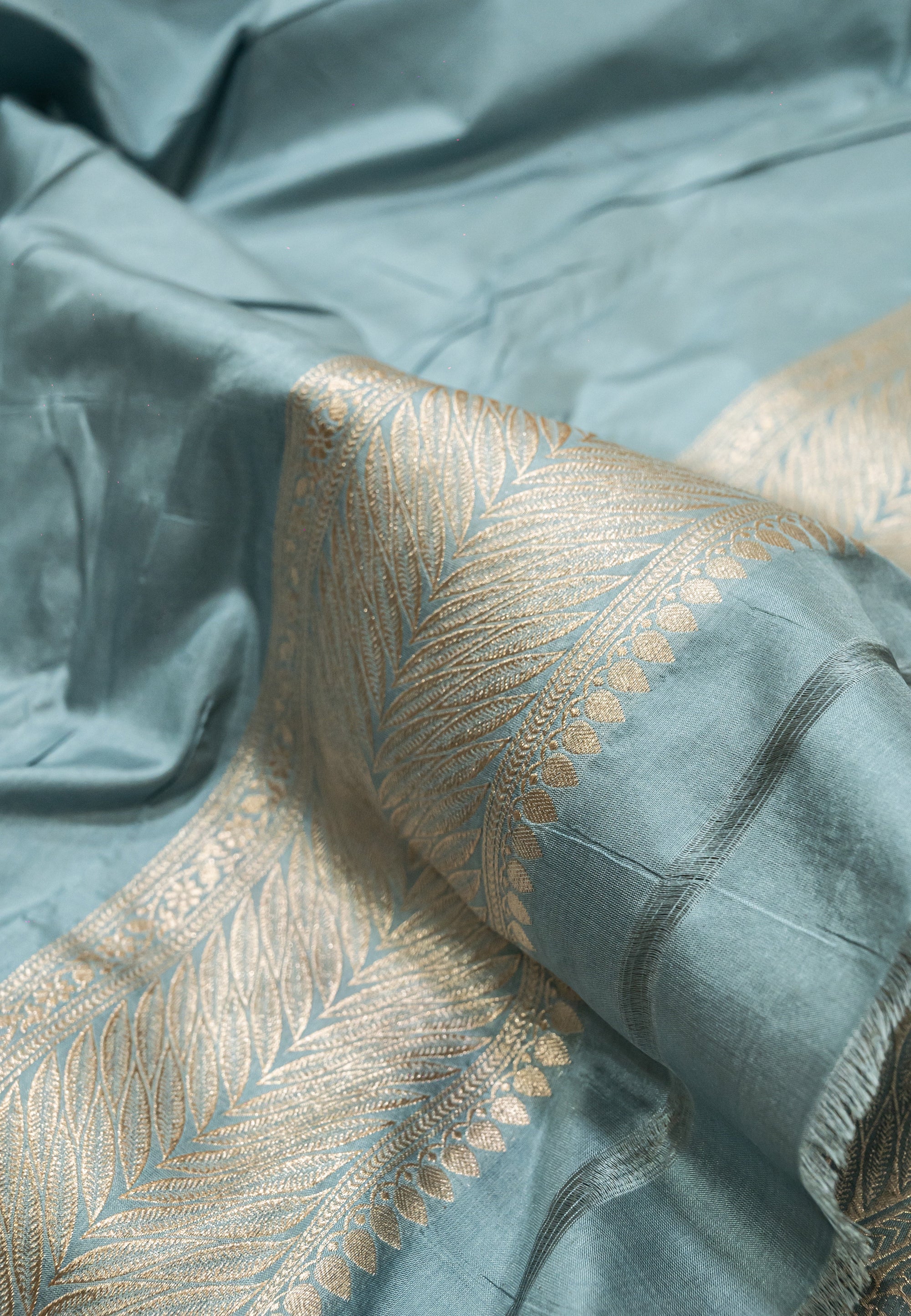 Pure Katan Silk Banarasi Handwoven Saree | Powder Blue with Gold Zari Jaal | Uppada Weave | Bridal Wedding Saree