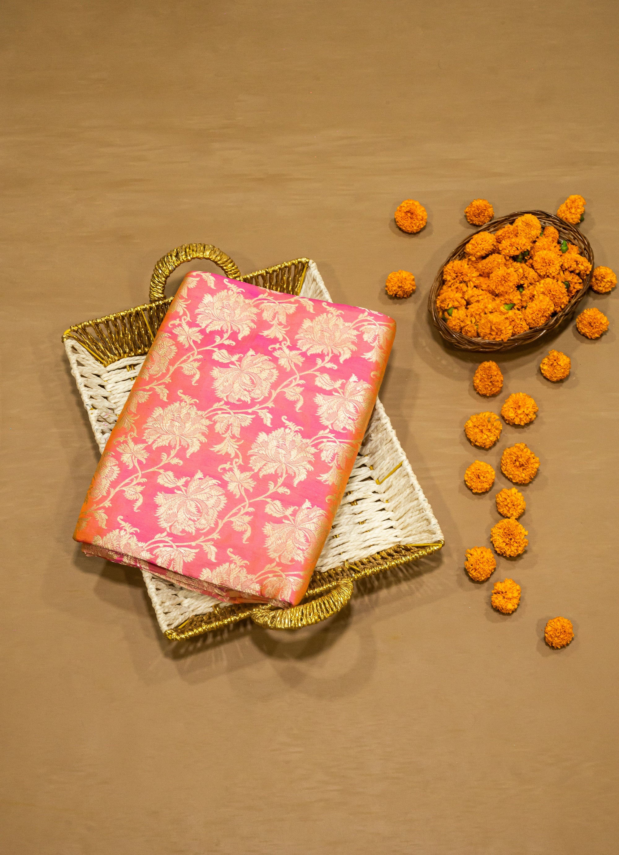 Pure Katan Silk Banarasi Handwoven Saree | Hot Pink & Orange Rangkat with Gold Zari Jaal | Uppada Weave | Bridal Saree