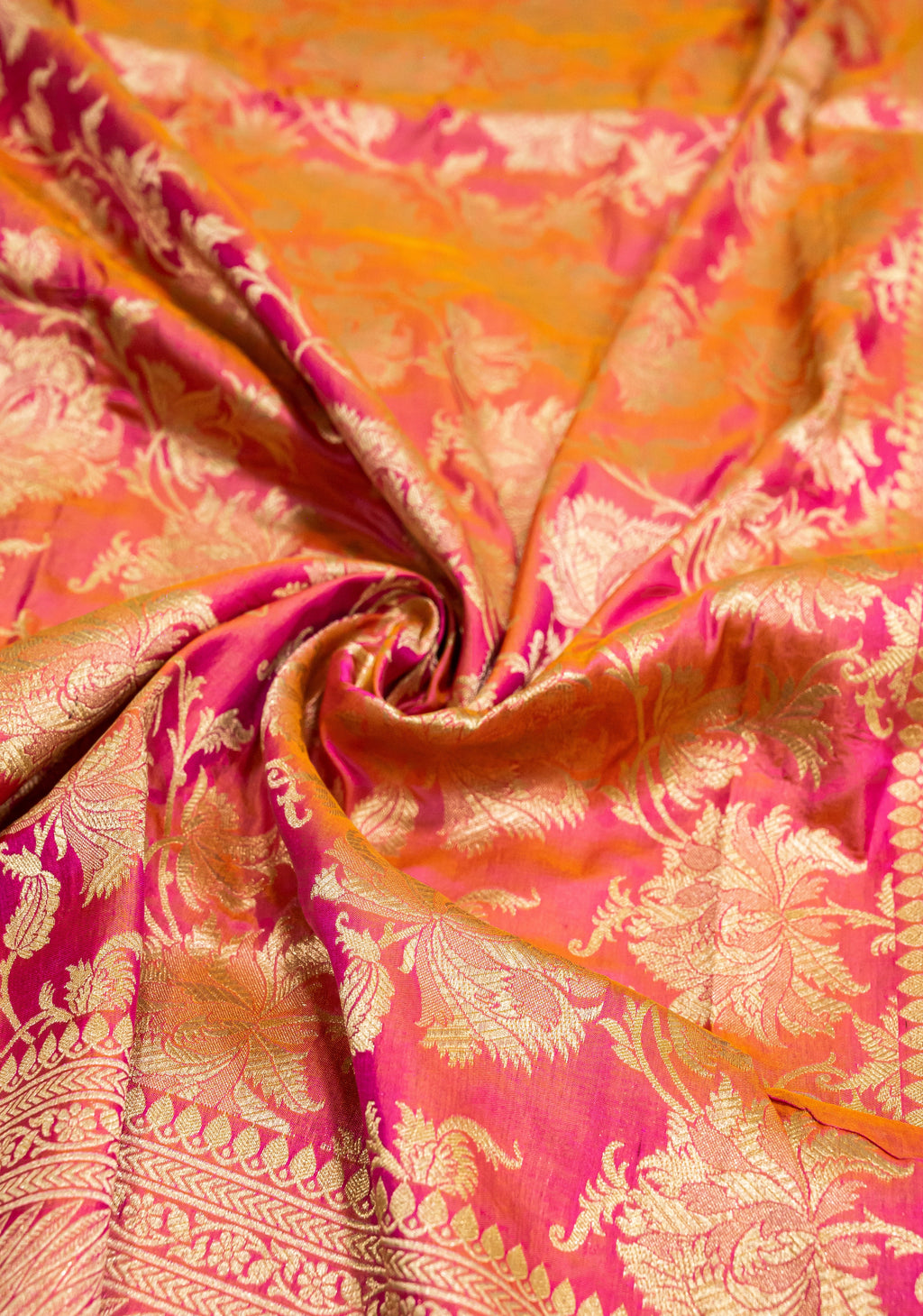 Pure Katan Silk Banarasi Handwoven Saree | Hot Pink & Orange Rangkat with Gold Zari Jaal | Uppada Weave | Bridal Saree
