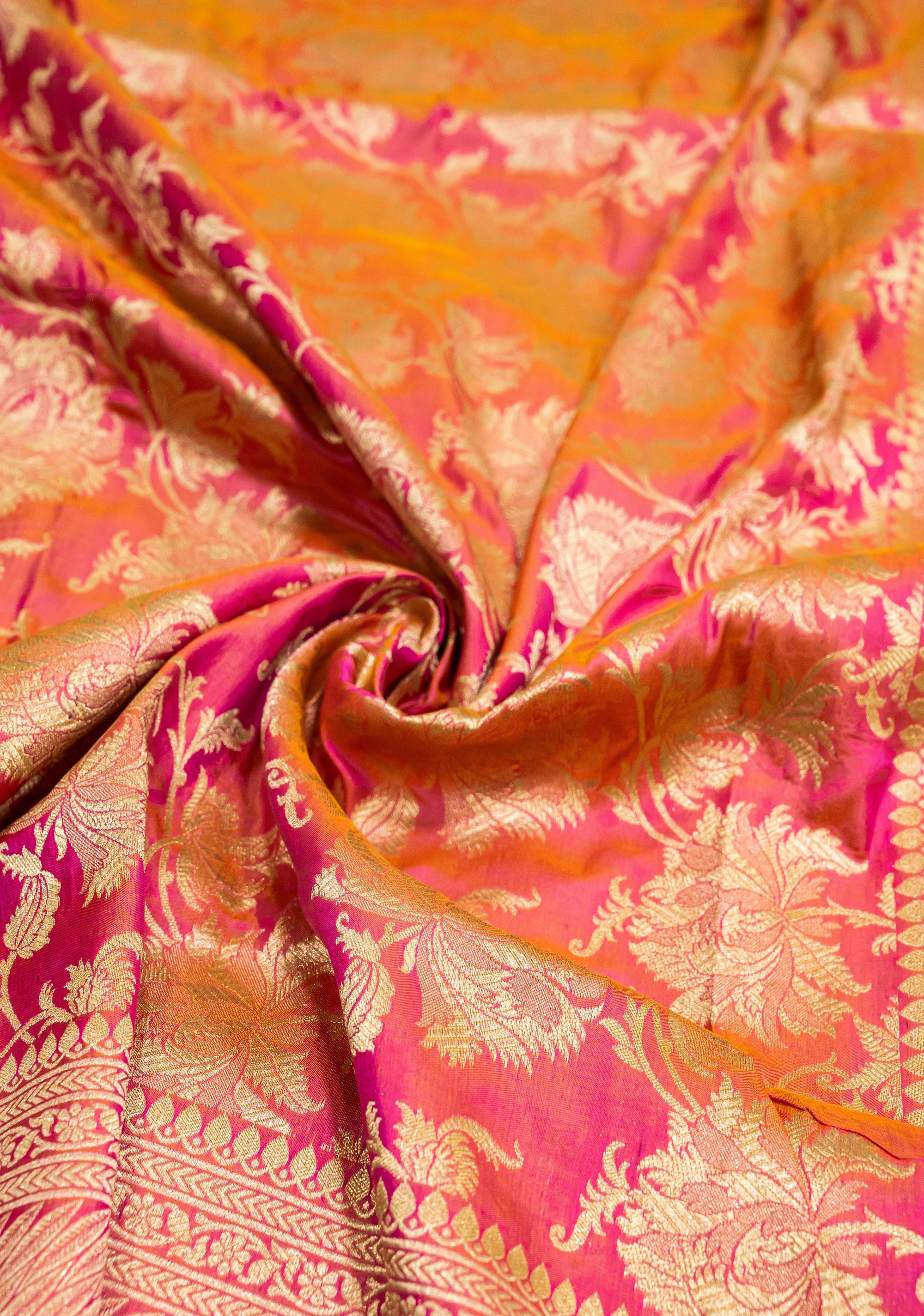 Pure Katan Silk Banarasi Handwoven Saree | Hot Pink & Orange Rangkat with Gold Zari Jaal | Uppada Weave | Bridal Saree