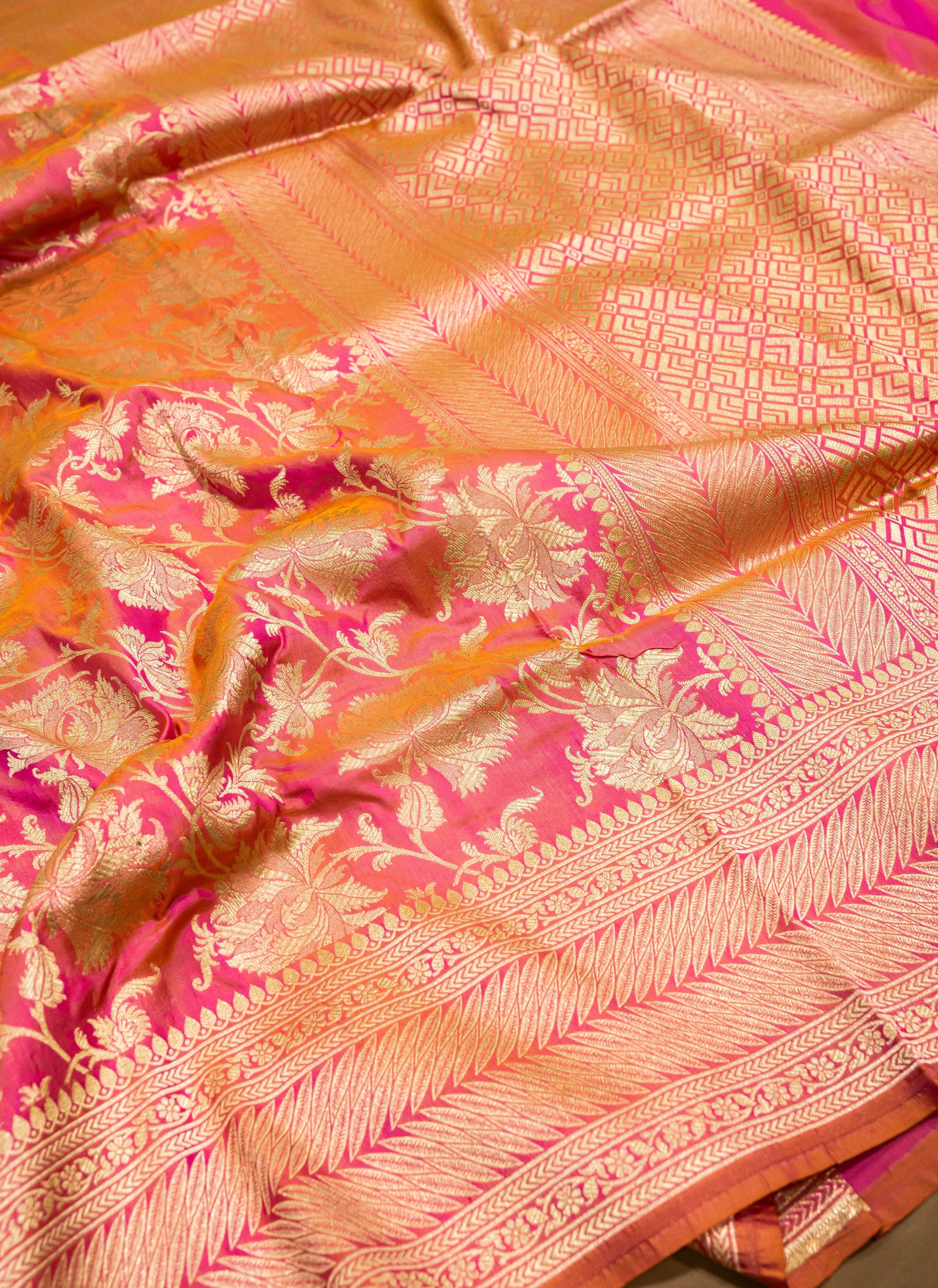 Pure Katan Silk Banarasi Handwoven Saree | Hot Pink & Orange Rangkat with Gold Zari Jaal | Uppada Weave | Bridal Saree