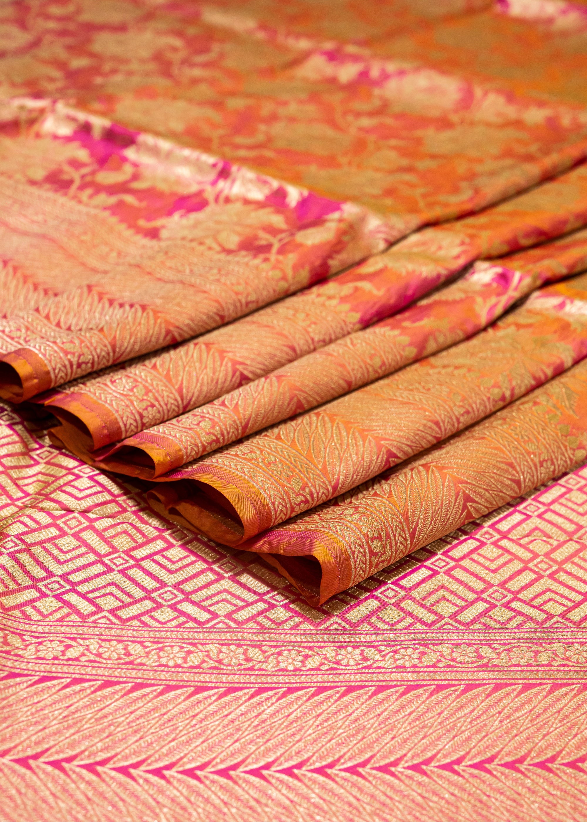Pure Katan Silk Banarasi Handwoven Saree | Hot Pink & Orange Rangkat with Gold Zari Jaal | Uppada Weave | Bridal Saree
