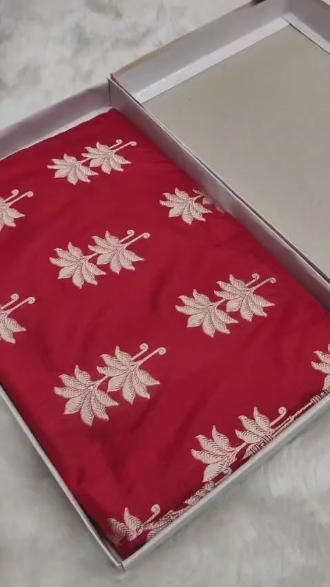 Red Uppada Buta Pure Katan Silk Banarasi Handwoven Saree — Gold Zari Tree Motifs