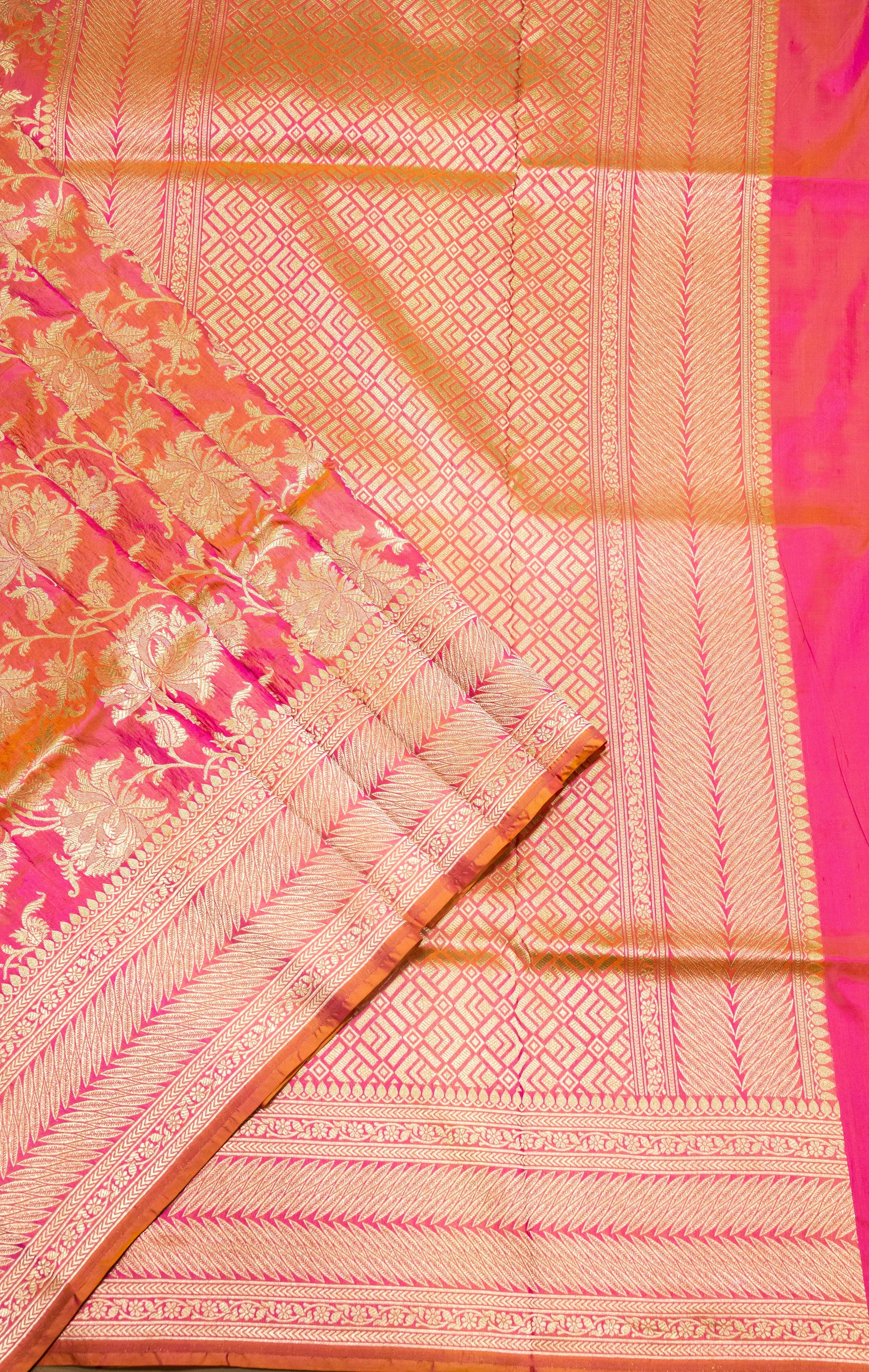 Pure Katan Silk Banarasi Handwoven Saree | Hot Pink & Orange Rangkat with Gold Zari Jaal | Uppada Weave | Bridal Saree