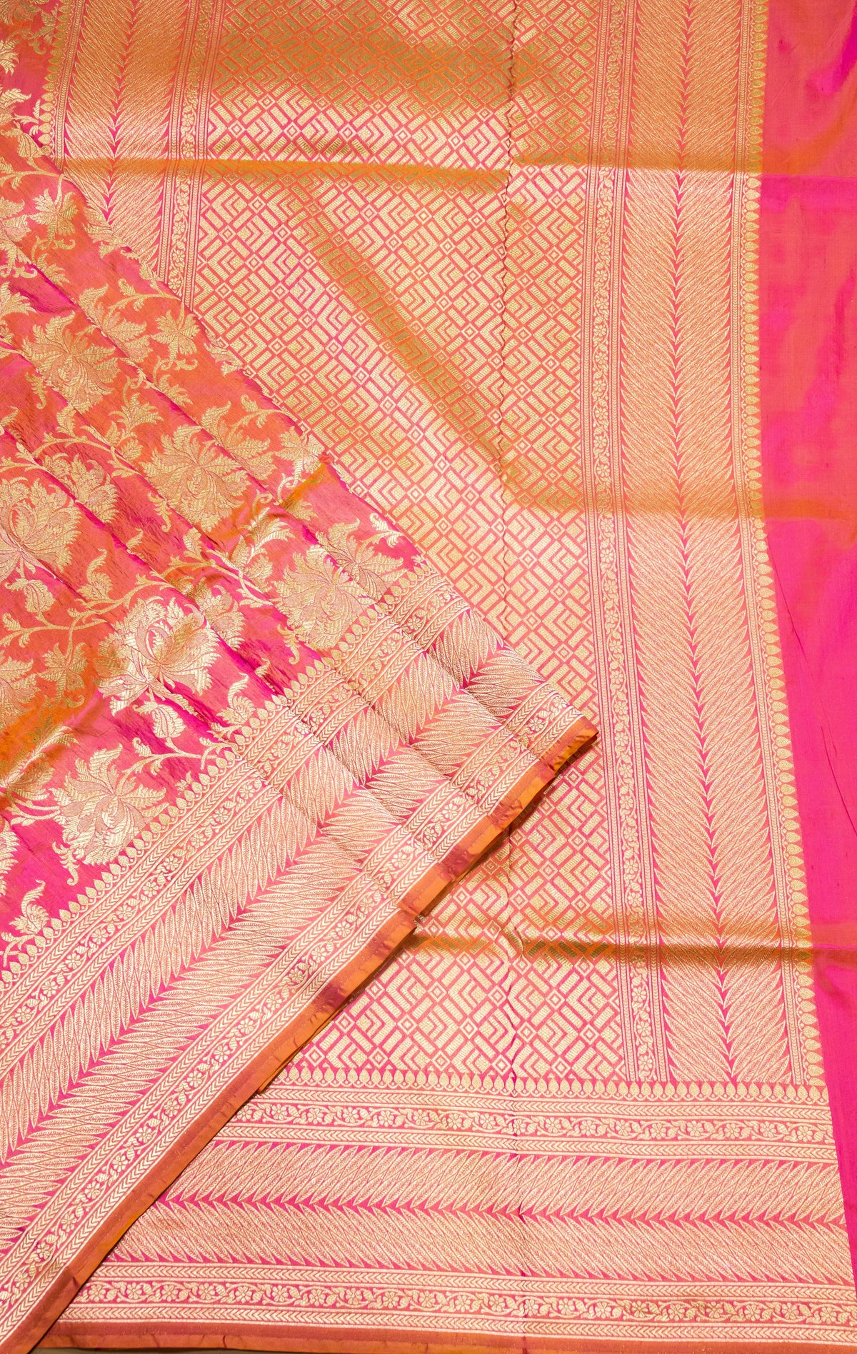 Pure Katan Silk Banarasi Handwoven Saree | Hot Pink & Orange with Gold Zari Jaal | Uppada Weave | Bridal Saree
