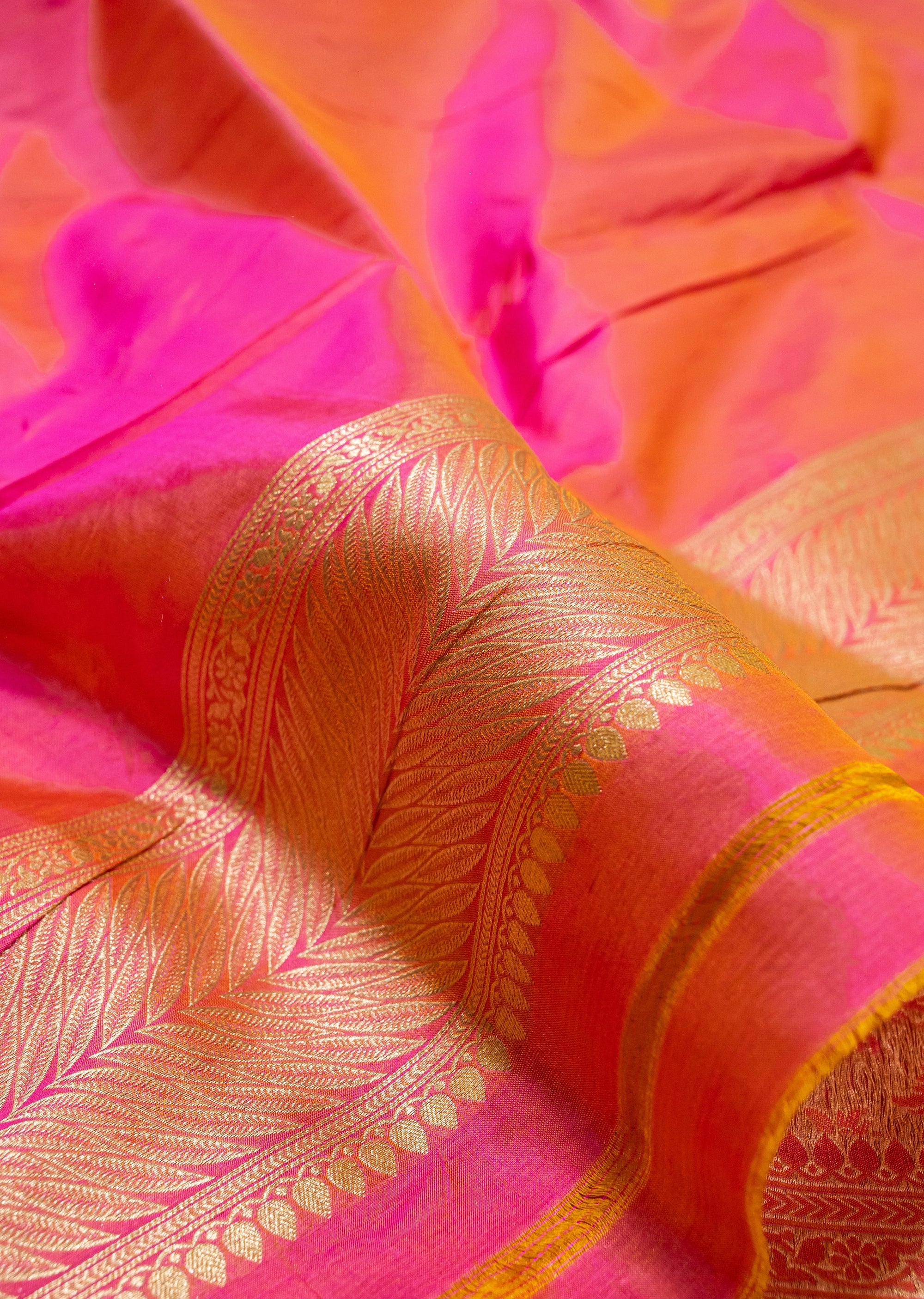 Pure Katan Silk Banarasi Handwoven Saree | Hot Pink & Orange Rangkat with Gold Zari Jaal | Uppada Weave | Bridal Saree