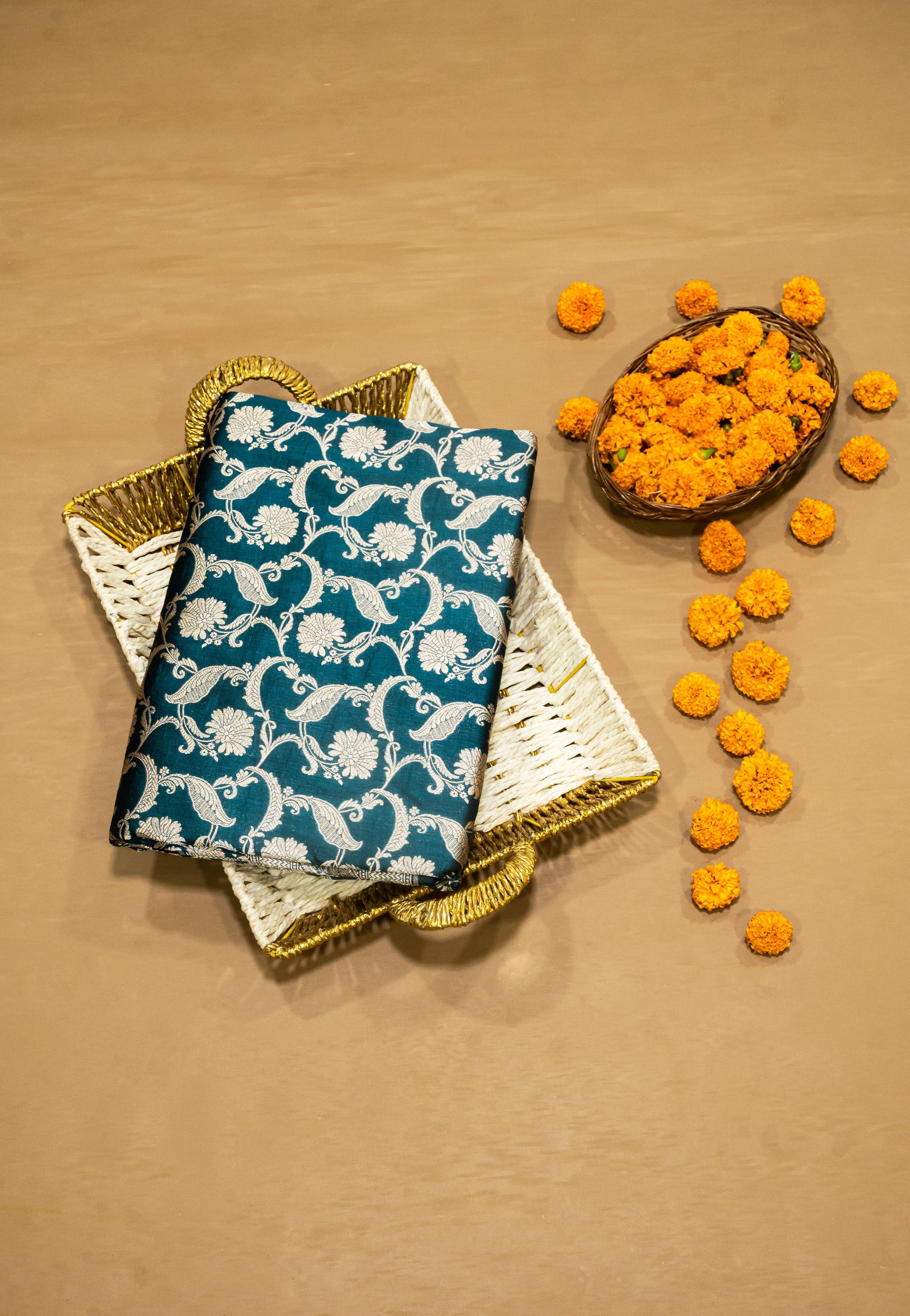 Pure Katan Silk Banarasi Handwoven Saree | Peacock Teal with Gold Zari Jaal | Uppada Weave | Bridal Wedding Saree