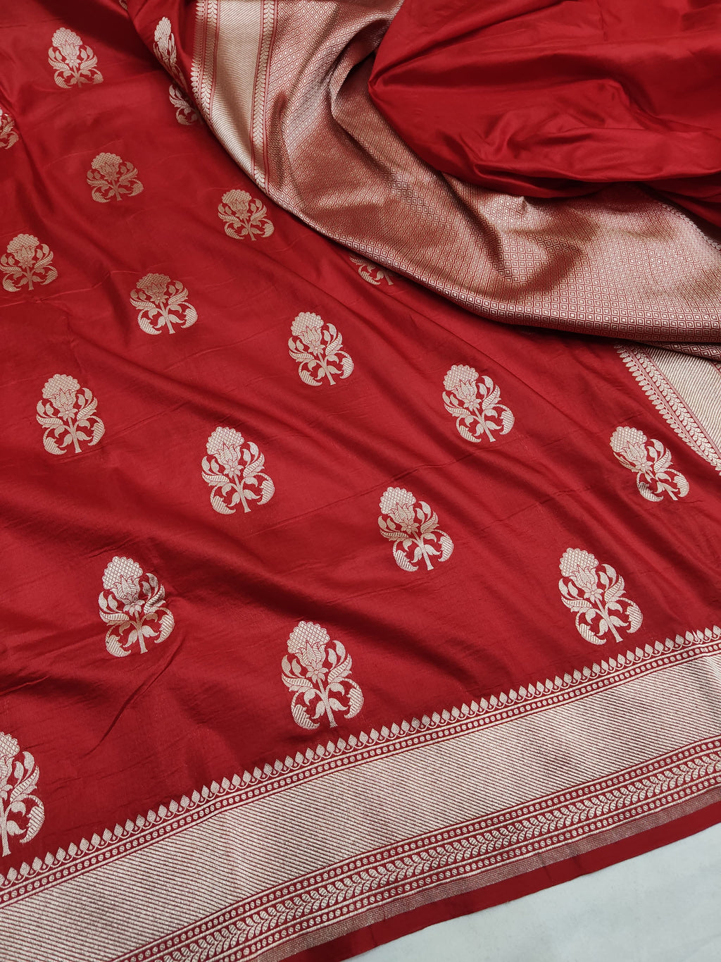 Pure Katan Silk Handloom Saree with Small Buti Motifs & Zari – Royal Banarasi Weave | Heritage Elegance