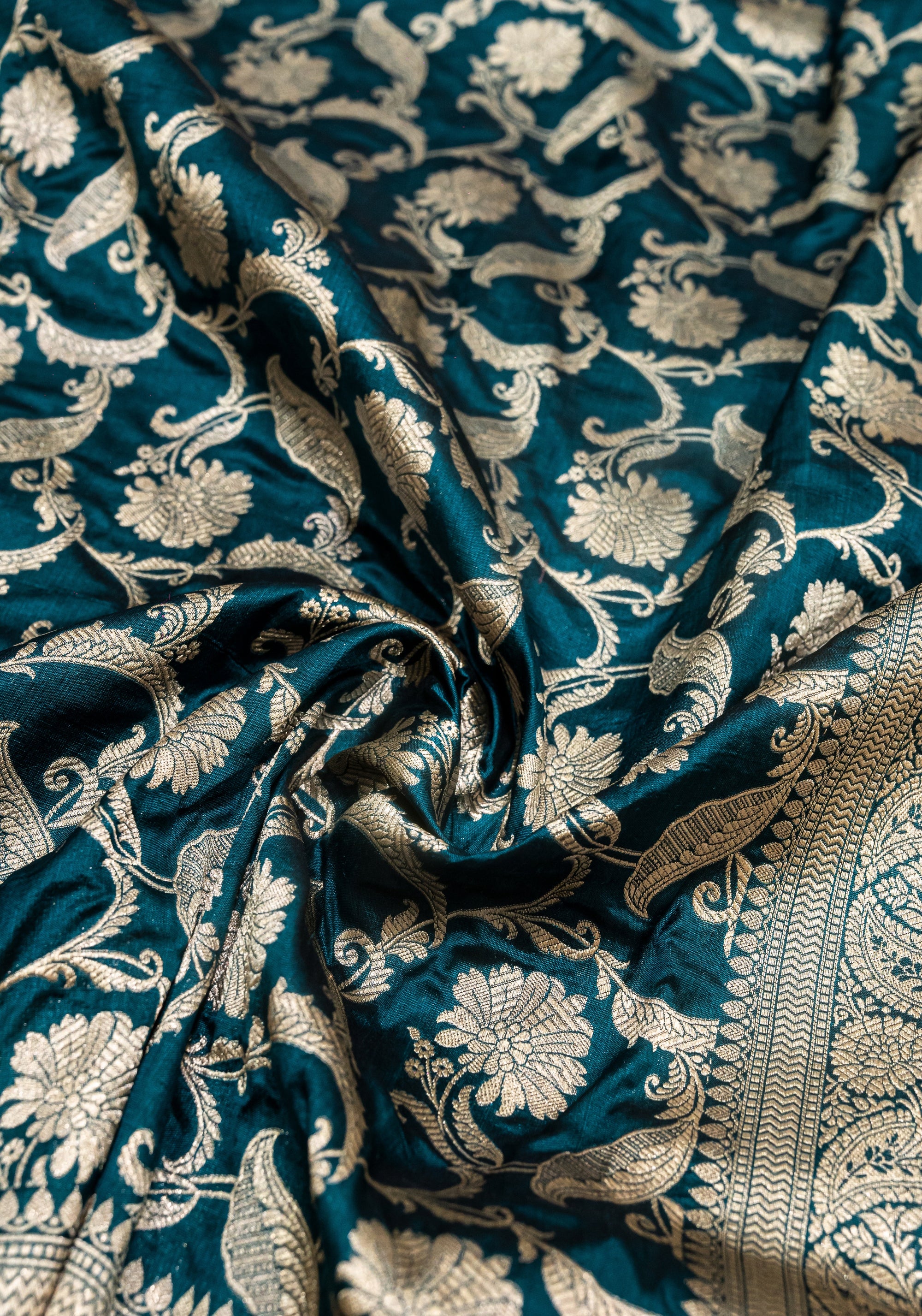 Pure Katan Silk Banarasi Handwoven Saree | Peacock Teal with Gold Zari Jaal | Uppada Weave | Bridal Wedding Saree