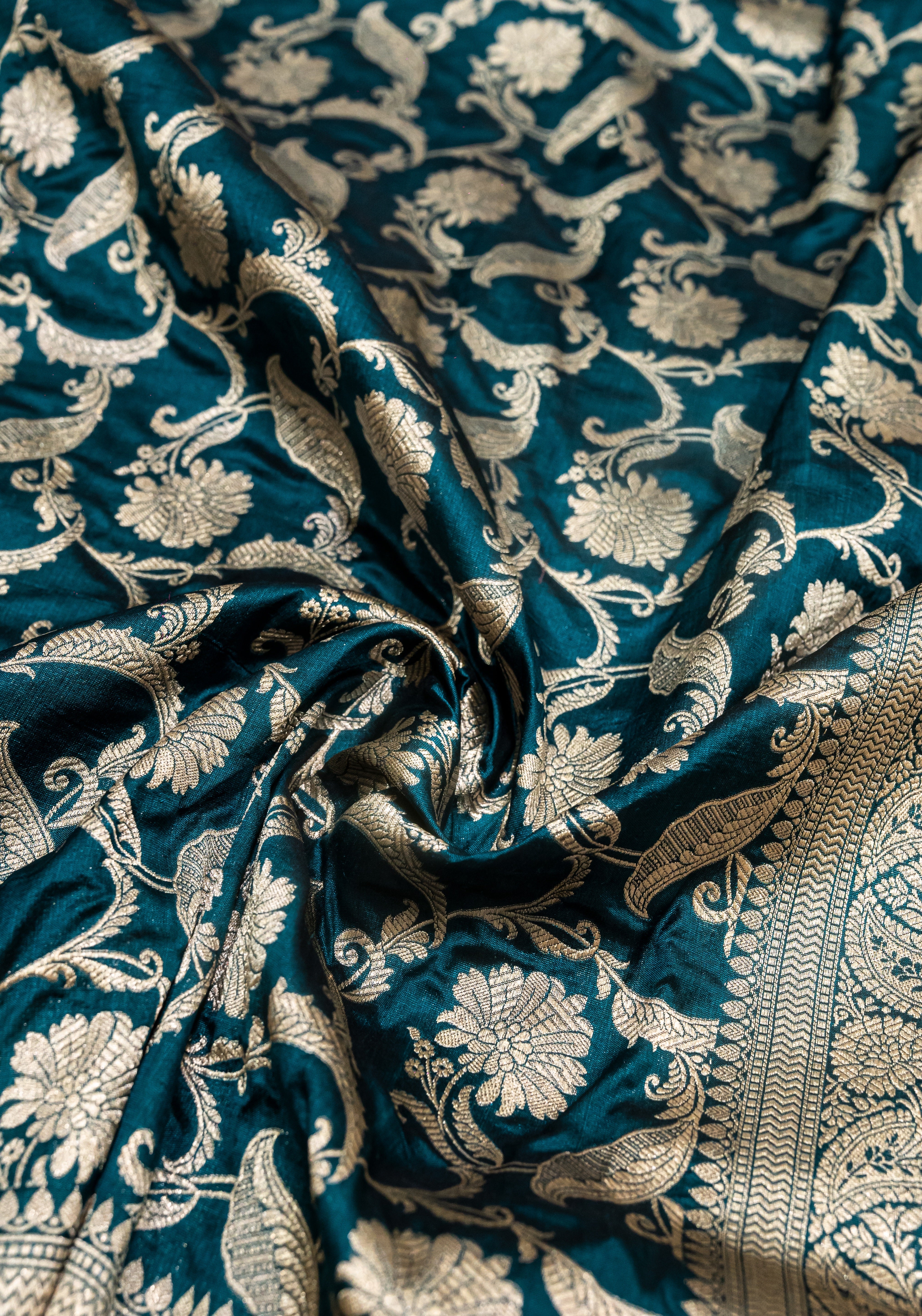 Pure Katan Silk Banarasi Handwoven Saree | Peacock Teal with Gold Zari Jaal | Uppada Weave | Bridal Wedding Saree