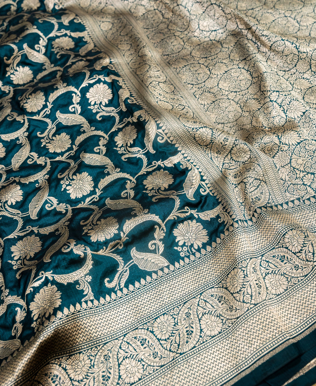 Pure Katan Silk Banarasi Handwoven Saree | Peacock Teal with Gold Zari Jaal | Uppada Weave | Bridal Wedding Saree