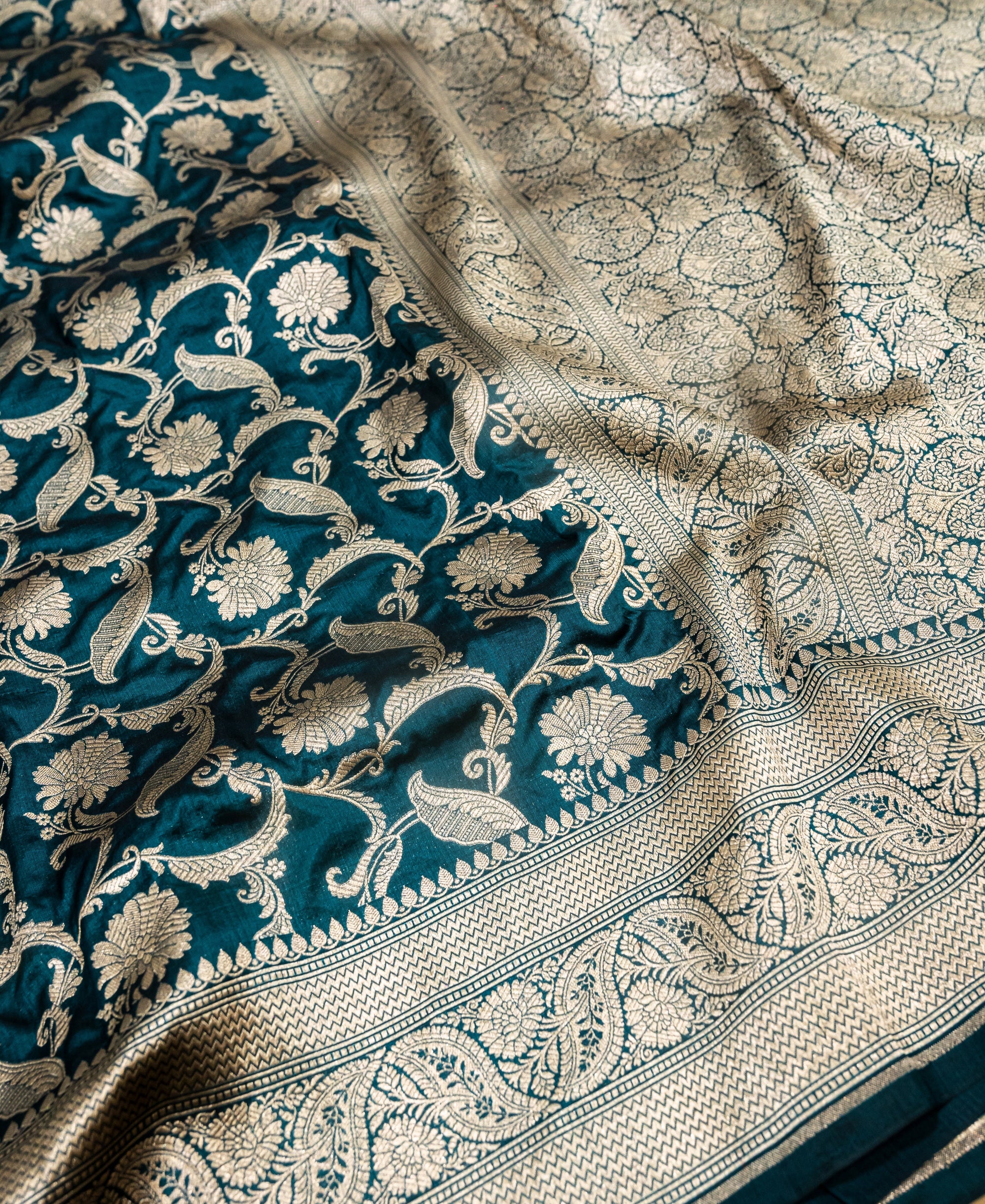 Pure Katan Silk Banarasi Handwoven Saree | Peacock Teal with Gold Zari Jaal | Uppada Weave | Bridal Wedding Saree