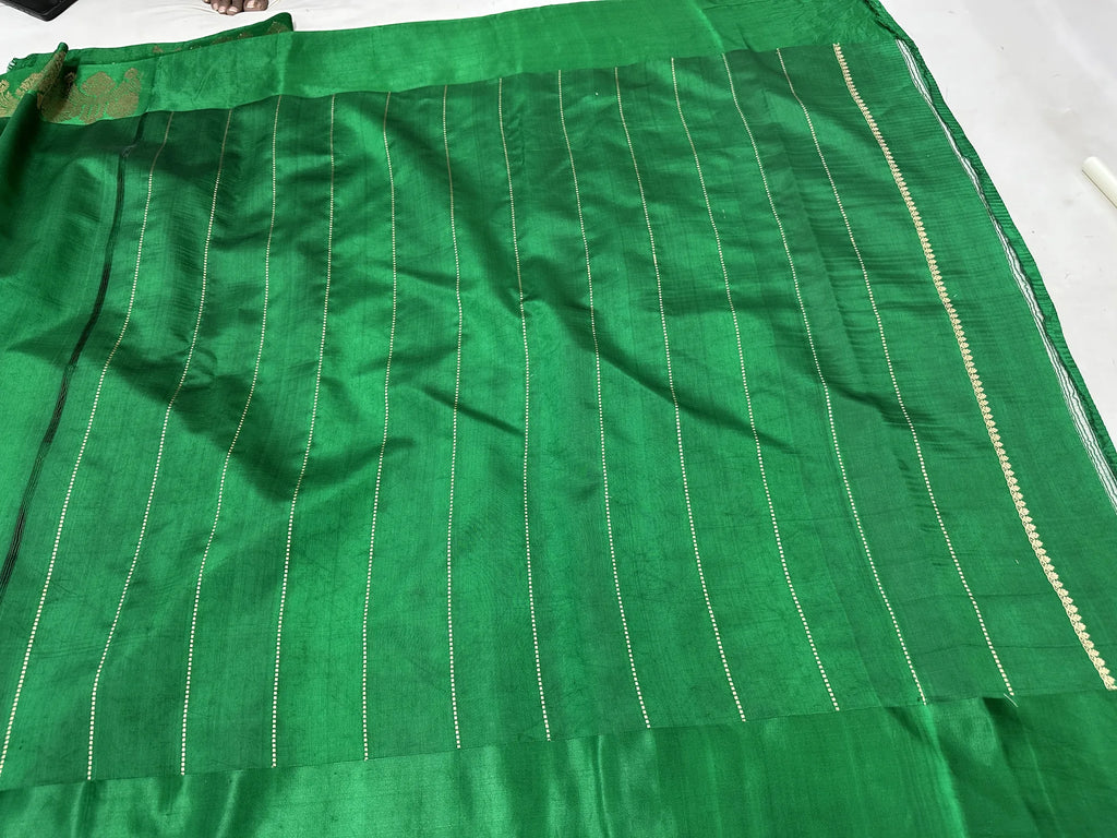 Pure Raw Mango Silk Banarasi Handloom Saree | Kadhwa Weave | Bottle Green Gold Zari