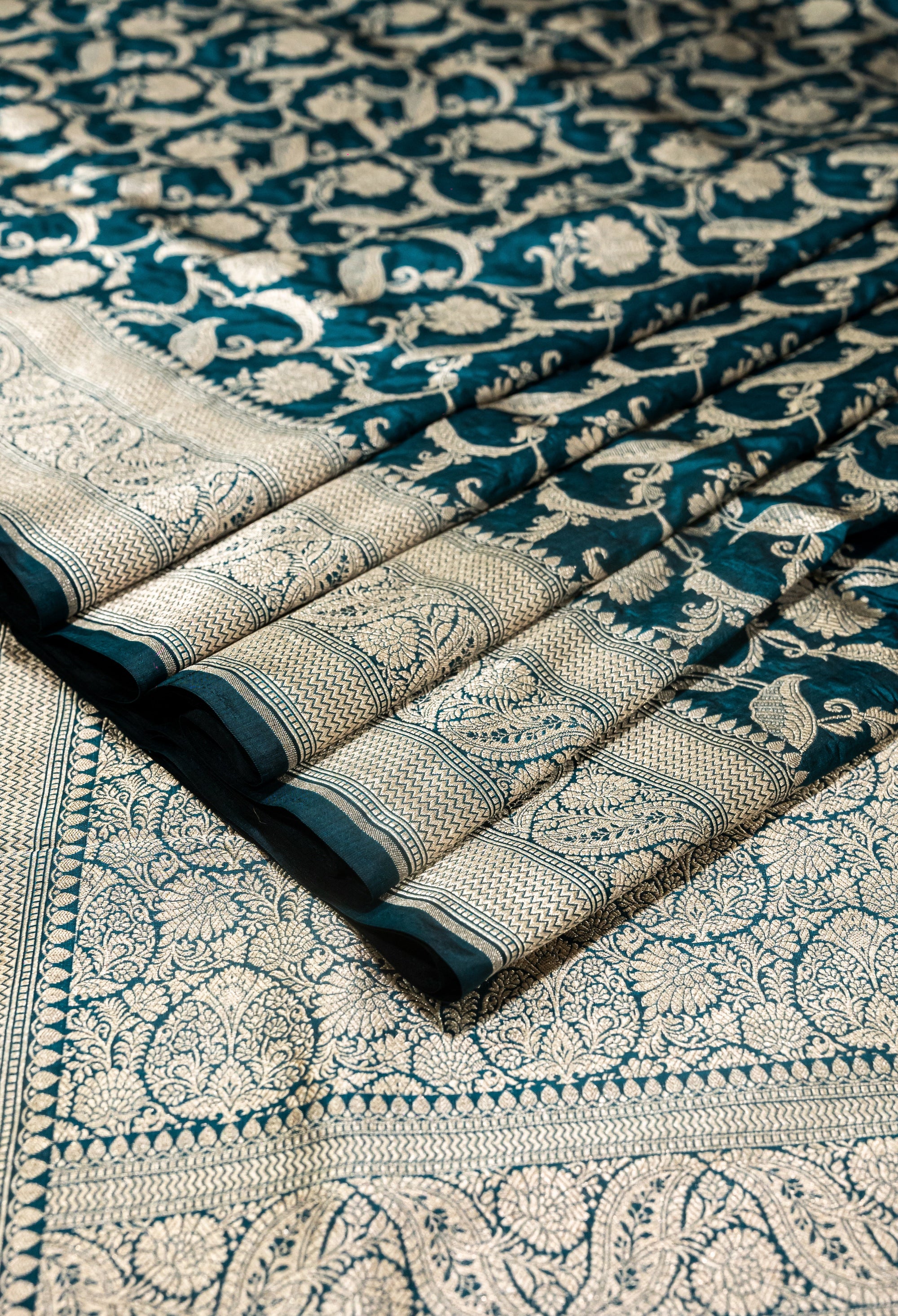 Pure Katan Silk Banarasi Handwoven Saree | Peacock Teal with Gold Zari Jaal | Uppada Weave | Bridal Wedding Saree