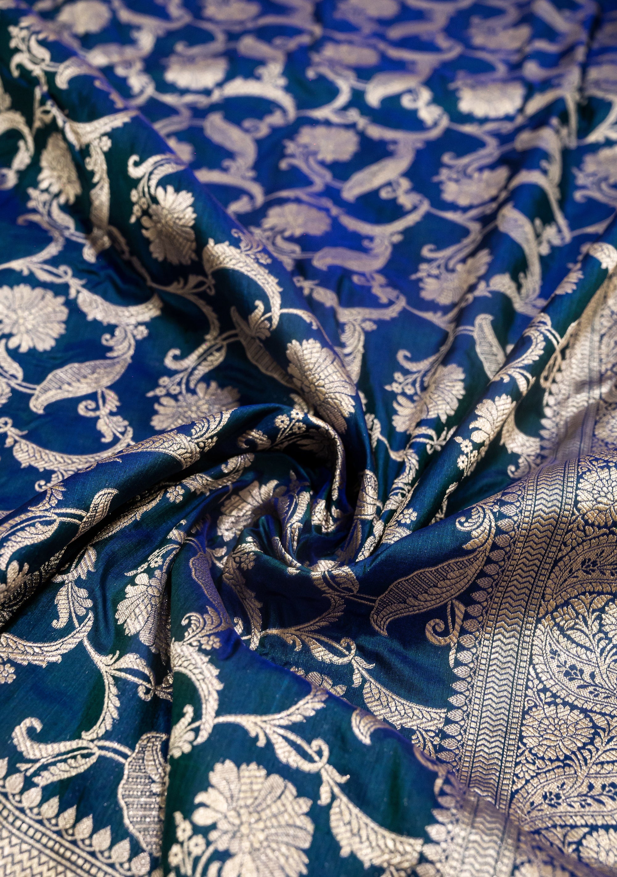 Pure Katan Silk Banarasi Handwoven Saree | Teal Green with Gold Zari Jaal | Uppada Weave | Bridal Wedding Saree