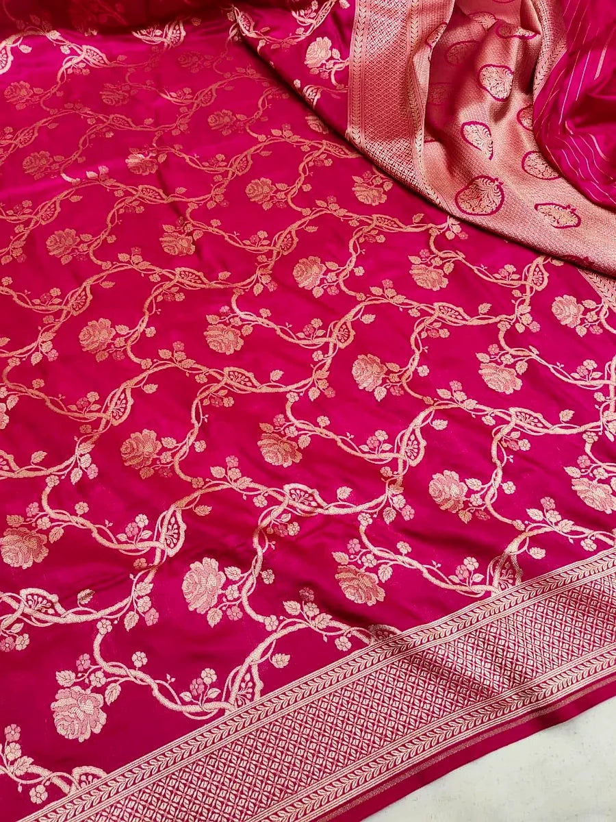 Pure Katan Silk Banarasi Saree with Floral Jaal Zari Weaving