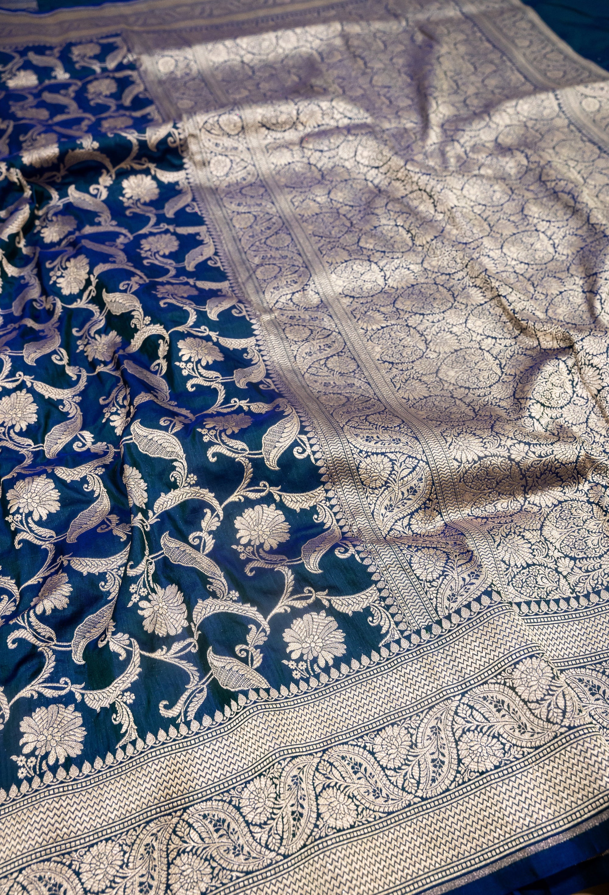 Pure Katan Silk Banarasi Handwoven Saree | Teal Green with Gold Zari Jaal | Uppada Weave | Bridal Wedding Saree