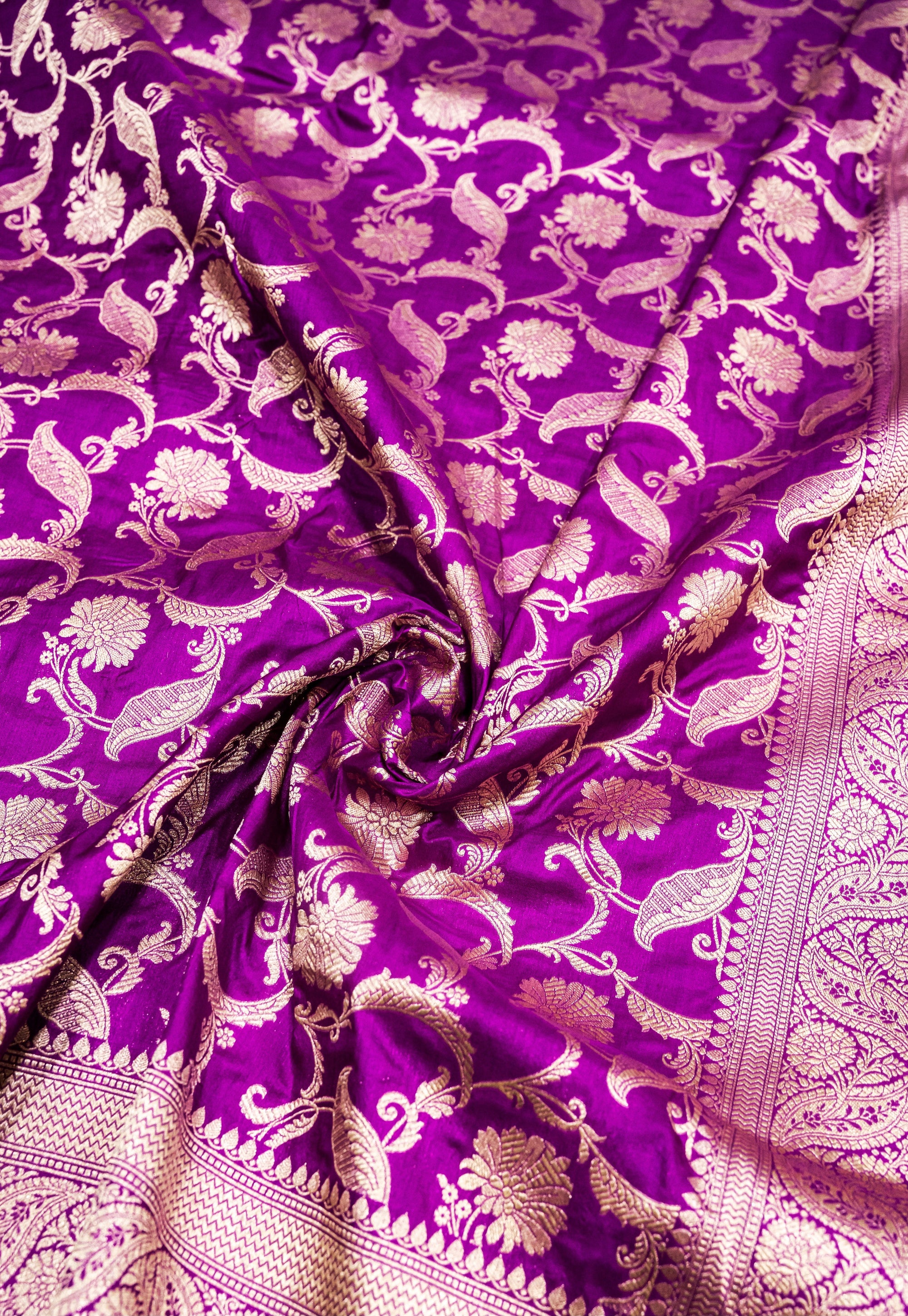 Pure Katan Silk Banarasi Handwoven Saree | Magenta Violet with Gold Zari Jaal | Uppada Weave | Bridal Wedding Saree