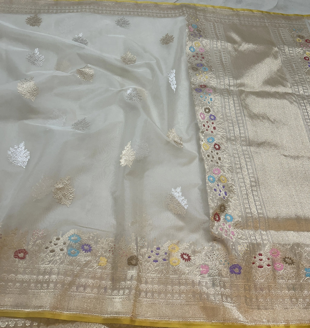 Off White Floral Buta Pure Kora Silk Banarasi Saree