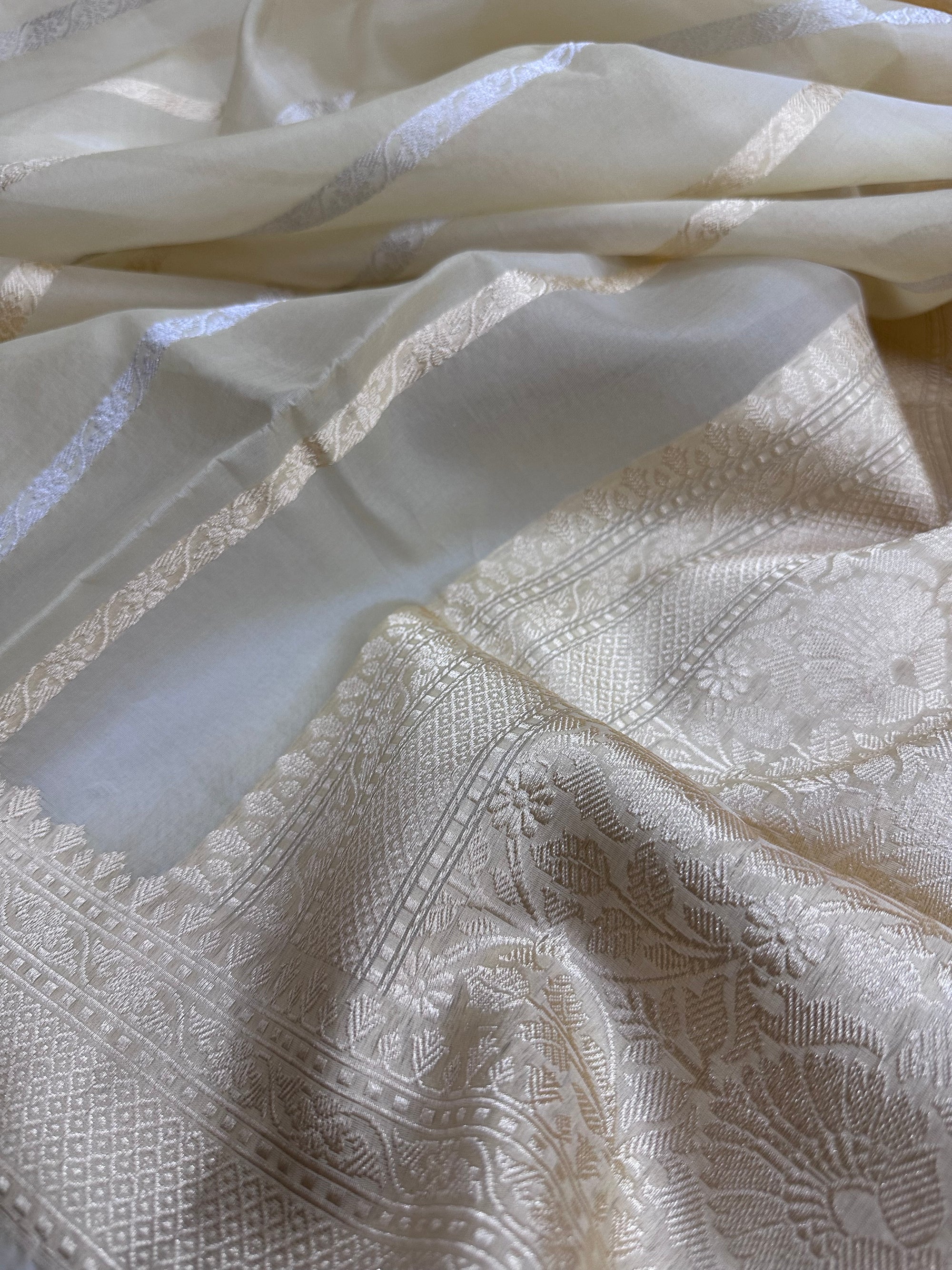 Pure Kora Silk Kadhwa Strips Handloom Saree – Real Zari Banarasi Masterpiece