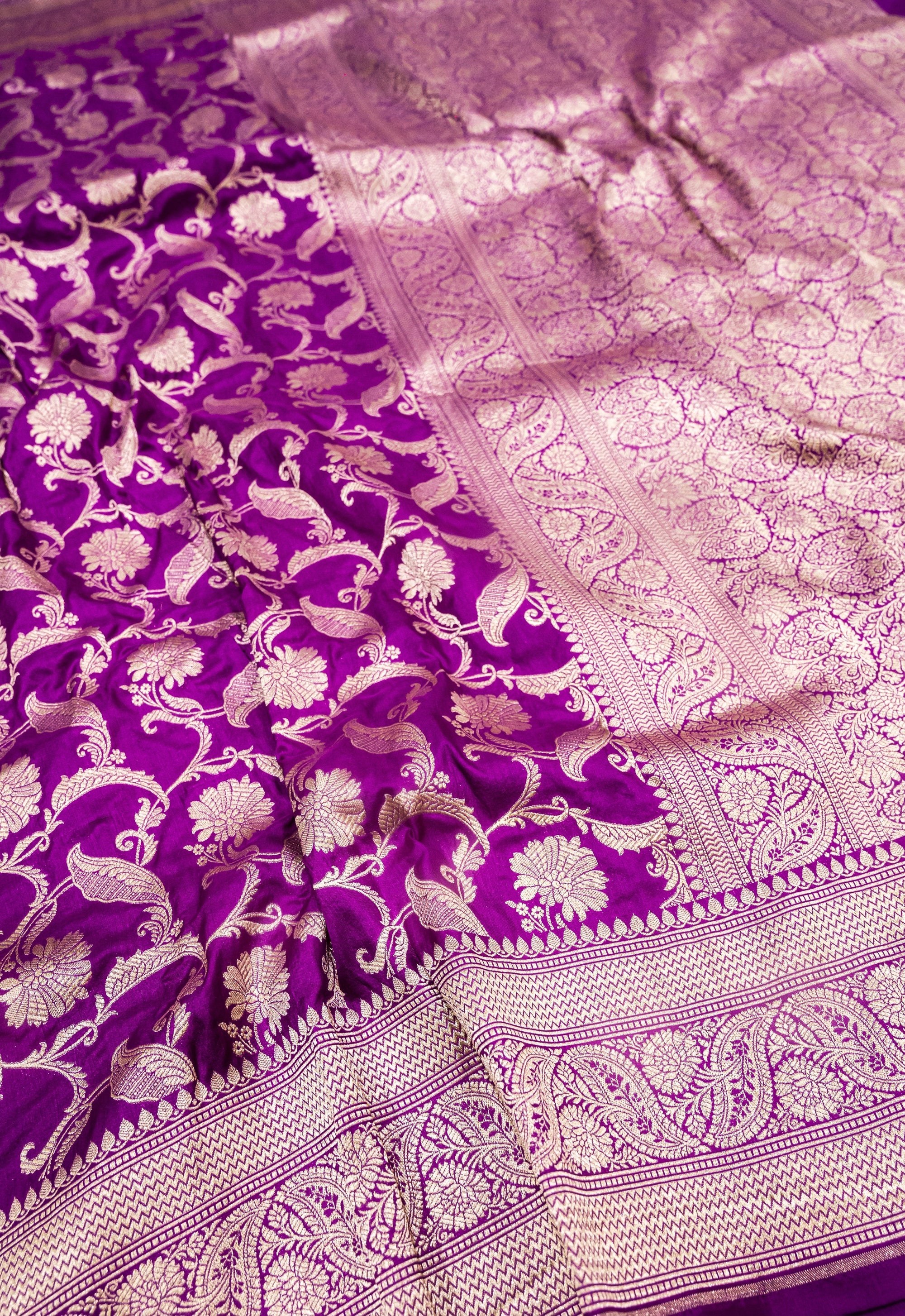 Pure Katan Silk Banarasi Handwoven Saree | Magenta Violet with Gold Zari Jaal | Uppada Weave | Bridal Wedding Saree
