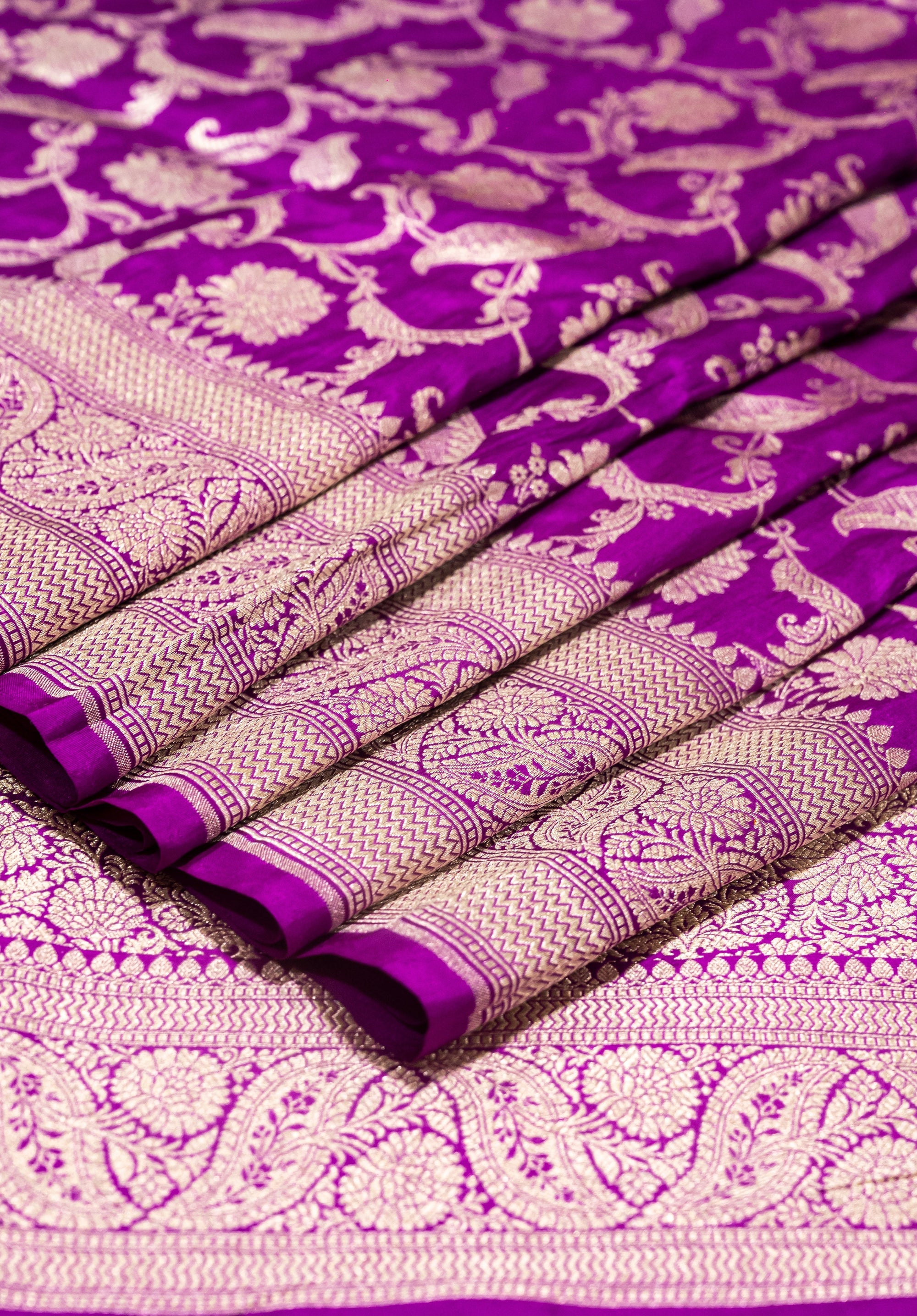 Pure Katan Silk Banarasi Handwoven Saree | Magenta Violet with Gold Zari Jaal | Uppada Weave | Bridal Wedding Saree