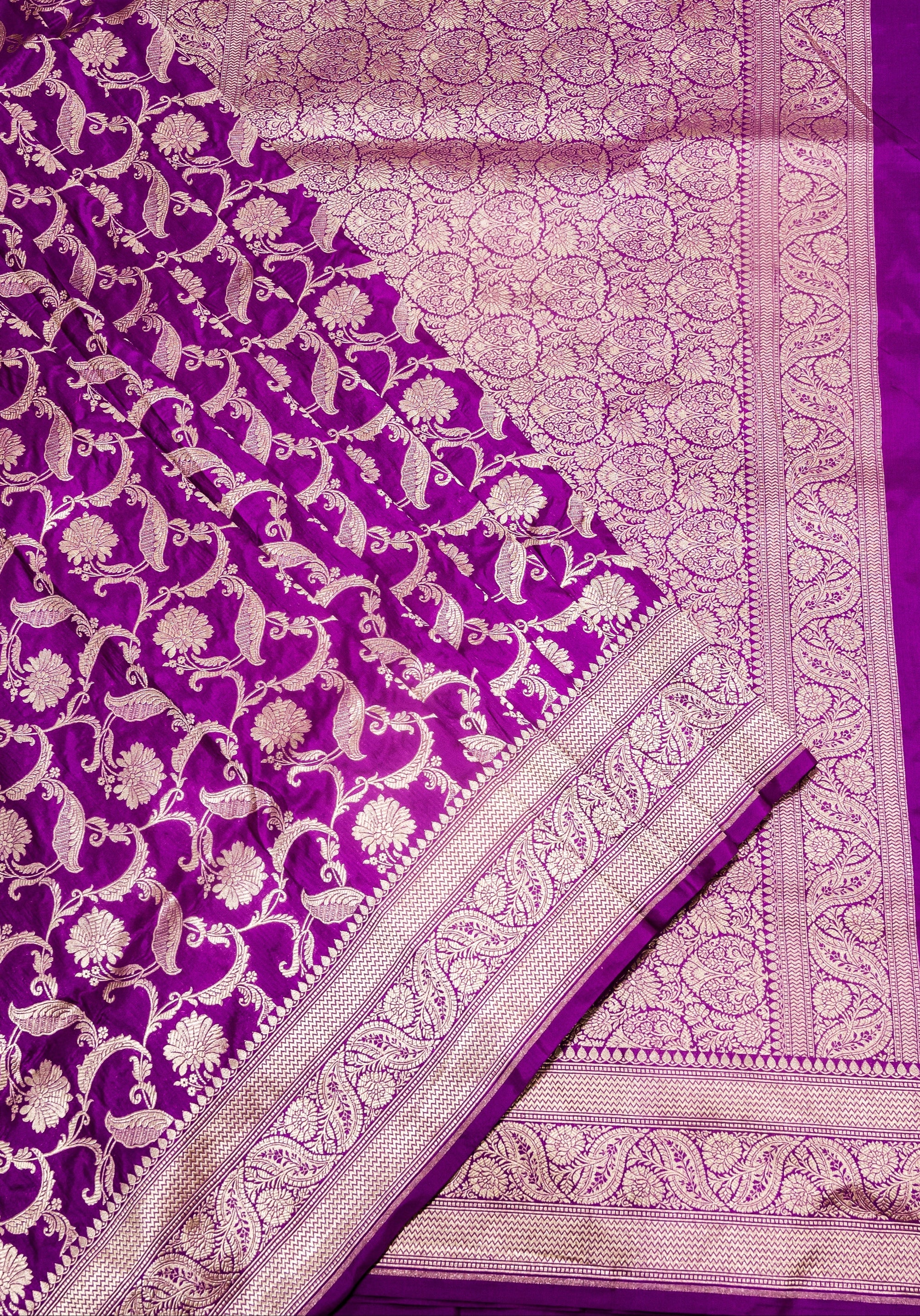 Pure Katan Silk Banarasi Handwoven Saree | Magenta Violet with Gold Zari Jaal | Uppada Weave | Bridal Wedding Saree