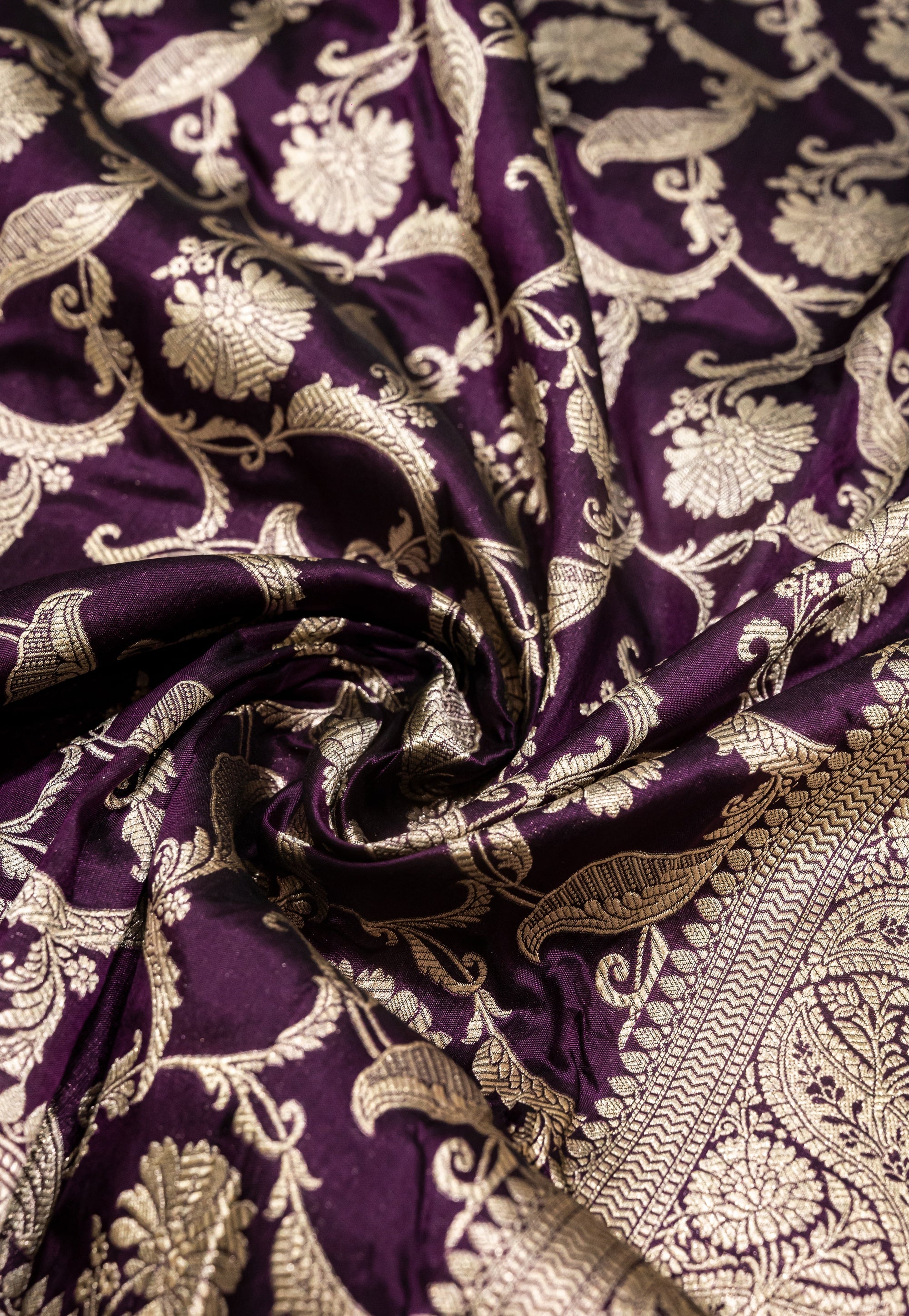 Pure Katan Silk Banarasi Handwoven Saree | Royal Purple with Gold Zari Jaal | Uppada Weave | Bridal Wedding Saree