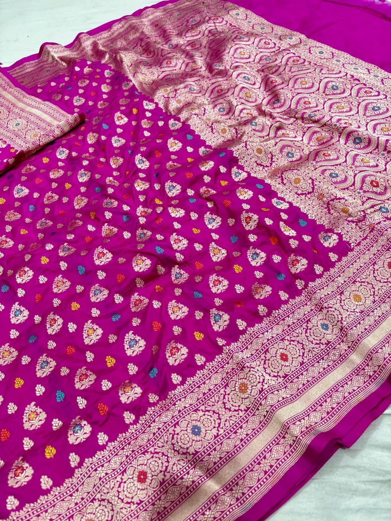 Pure Katan Silk Tilfi Minakari Banarasi Saree – Big Buta Motifs & Heavy Pallu