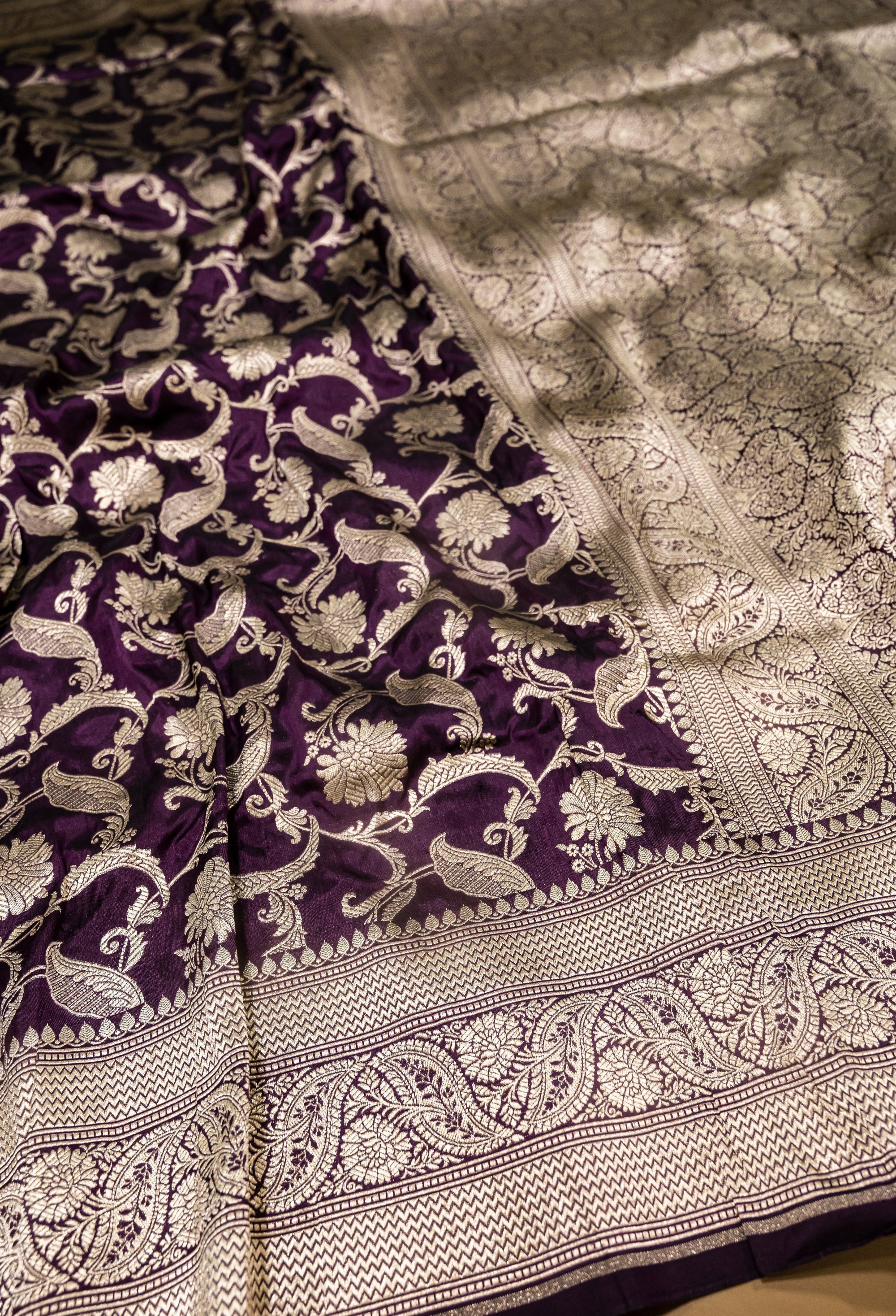 Pure Katan Silk Banarasi Handwoven Saree | Royal Purple with Gold Zari Jaal | Uppada Weave | Bridal Wedding Saree