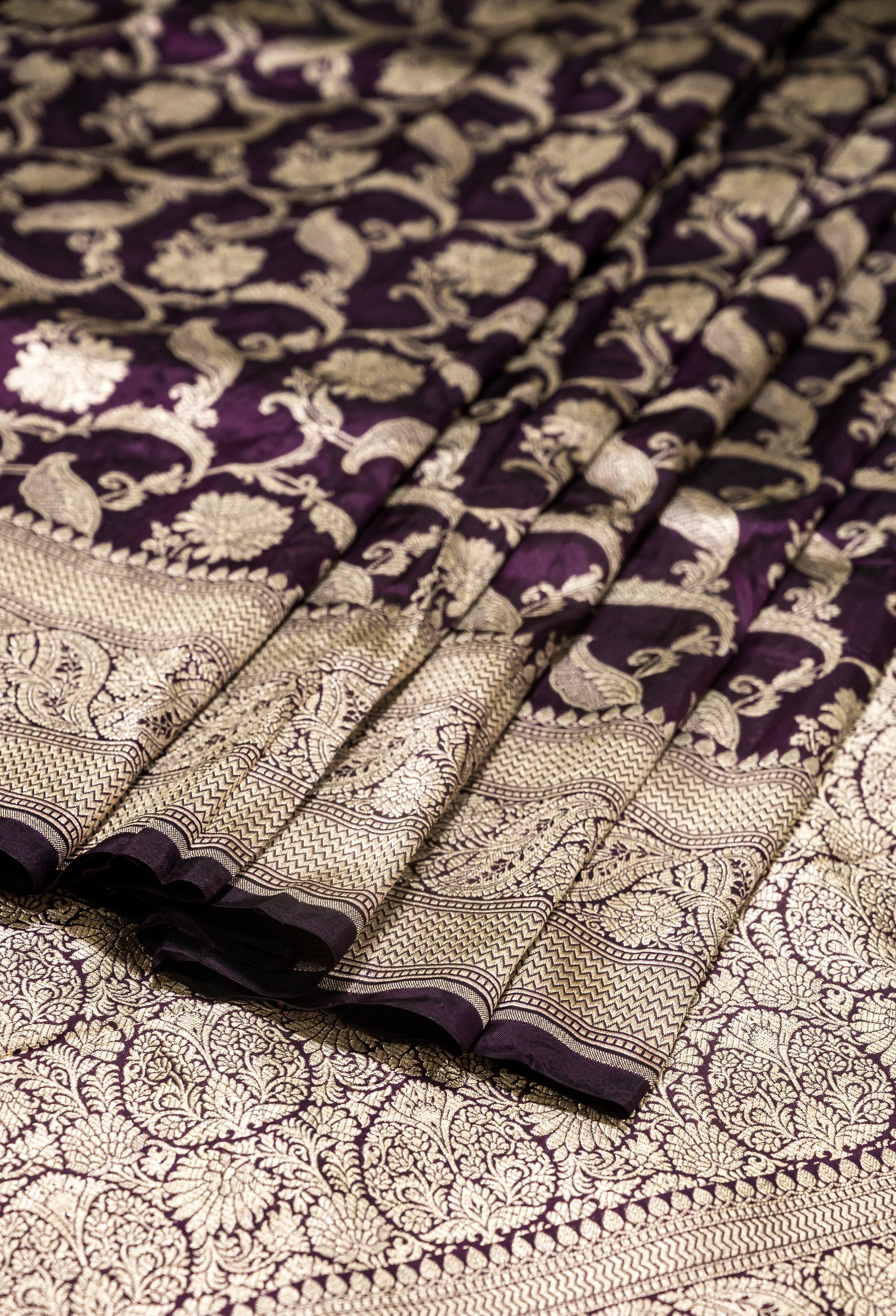 Pure Katan Silk Banarasi Handwoven Saree | Royal Purple with Gold Zari Jaal | Uppada Weave | Bridal Wedding Saree