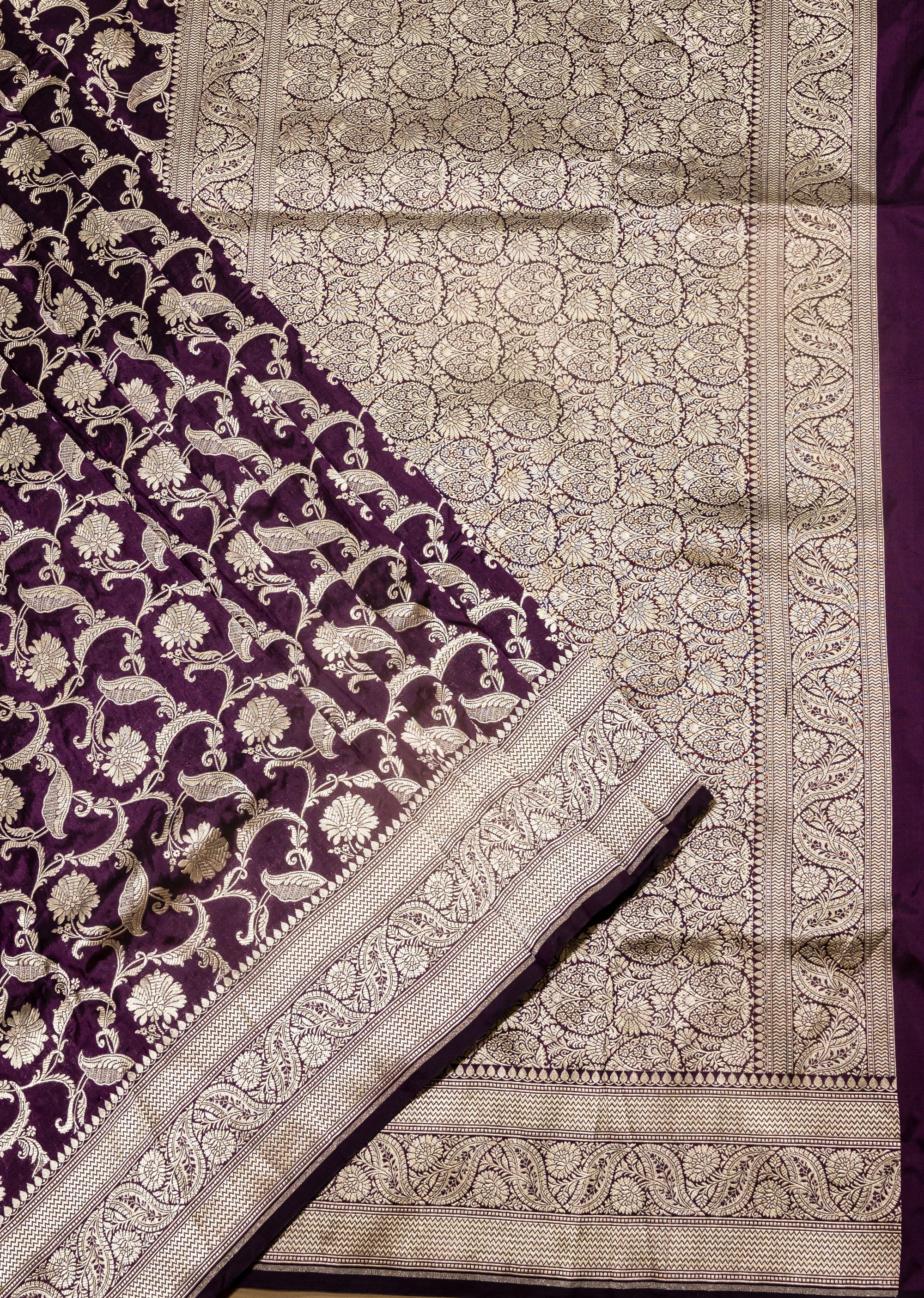 Pure Katan Silk Banarasi Handwoven Saree | Royal Purple with Gold Zari Jaal | Uppada Weave | Bridal Wedding Saree