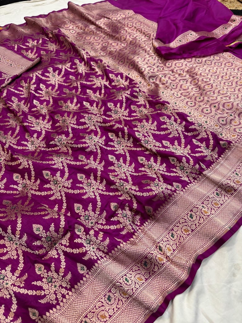 Pure Katan Silk Tilfi Minakari Banarasi Saree – Big Buta Motifs & Heavy Pallu