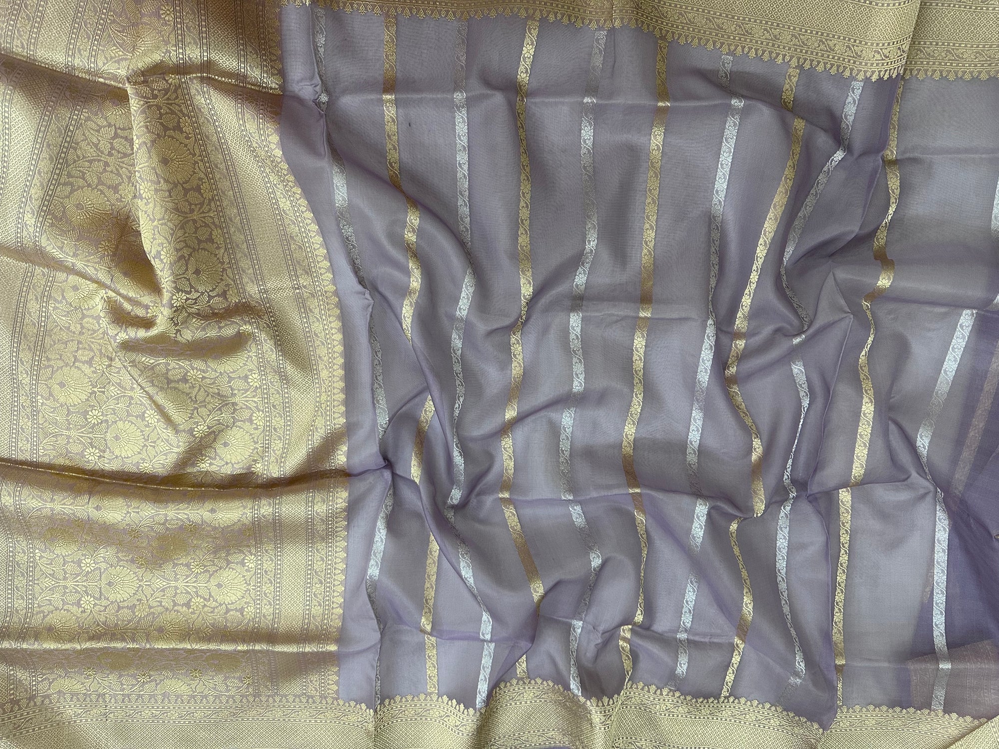Pure Kora Silk Kadhwa Strips Handloom Saree – Real Zari Banarasi Masterpiece